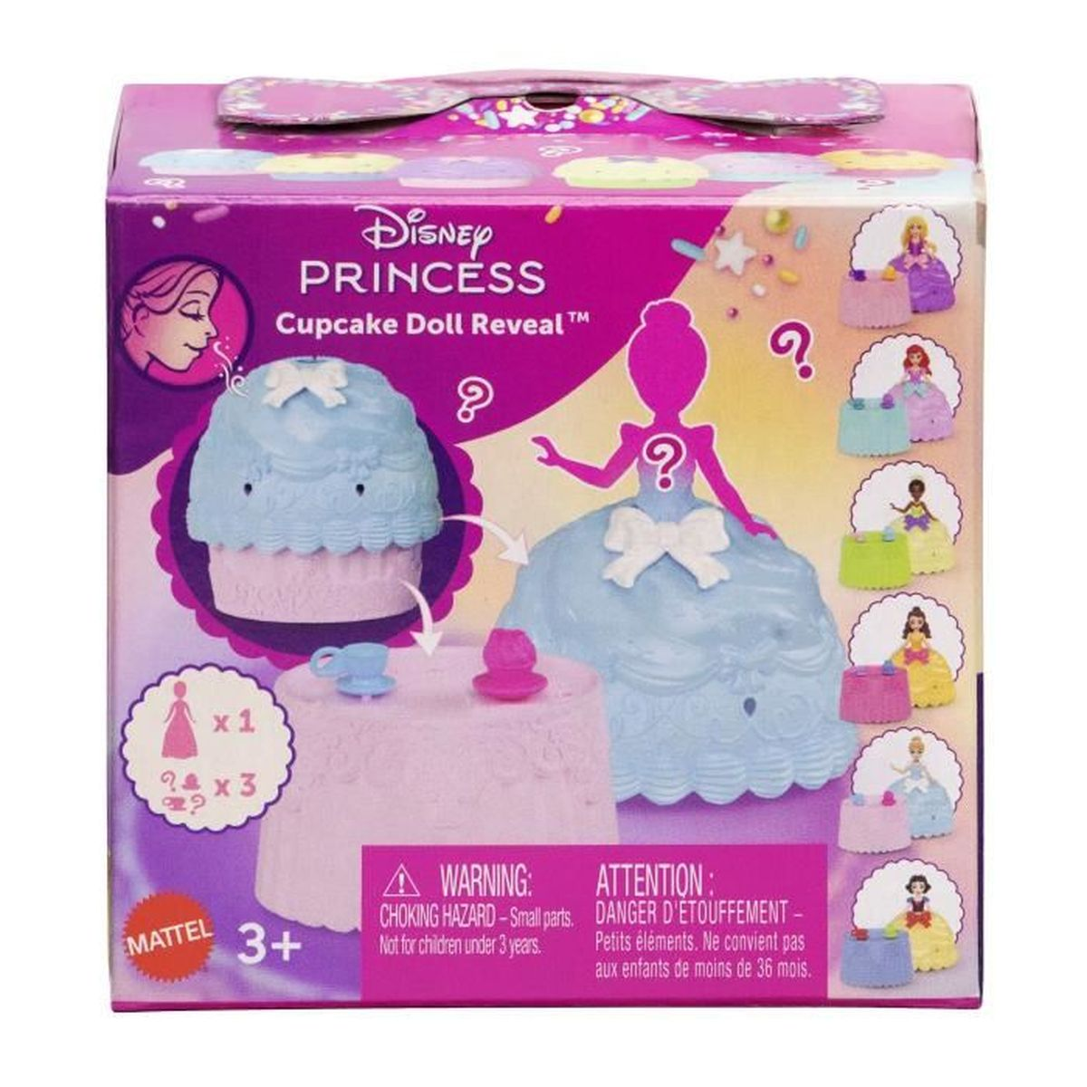Schachtel mit Disney Princess Cupcake-Puppen. Sie zeigt eine Puppensilhouette, den Cupcake und eine Warnung vor Kleinteilen.