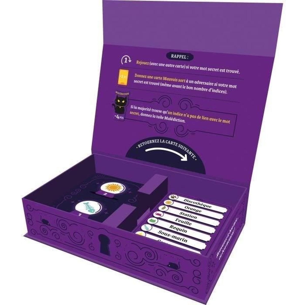 Una scatola di gioco da tavolo viola è aperta, mostrando carte, istruzioni e suggerimenti di parole come 'Disco' e 'Arancia'. Testo e illustrazioni sono visibili.