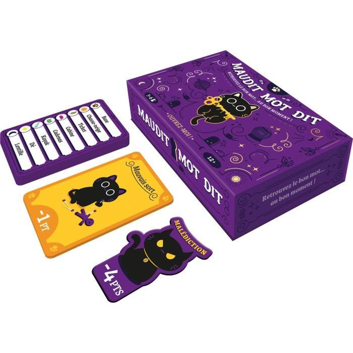 Una scatola di gioco da tavolo e carte con un design di gatto nero. Il testo include 'Maudit Mot Dit' e valori dei punti. I colori viola e giallo dominano.
