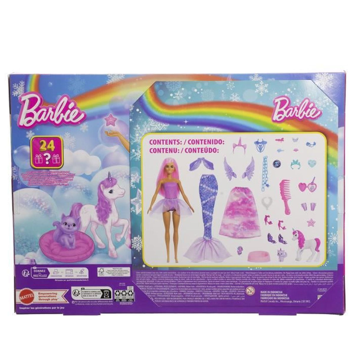Pudełko Barbie z lalką, jednorożcem, kotem i akcesoriami. Pudełko ma tęczowy i śnieżynkowy wzór z logo Barbie.