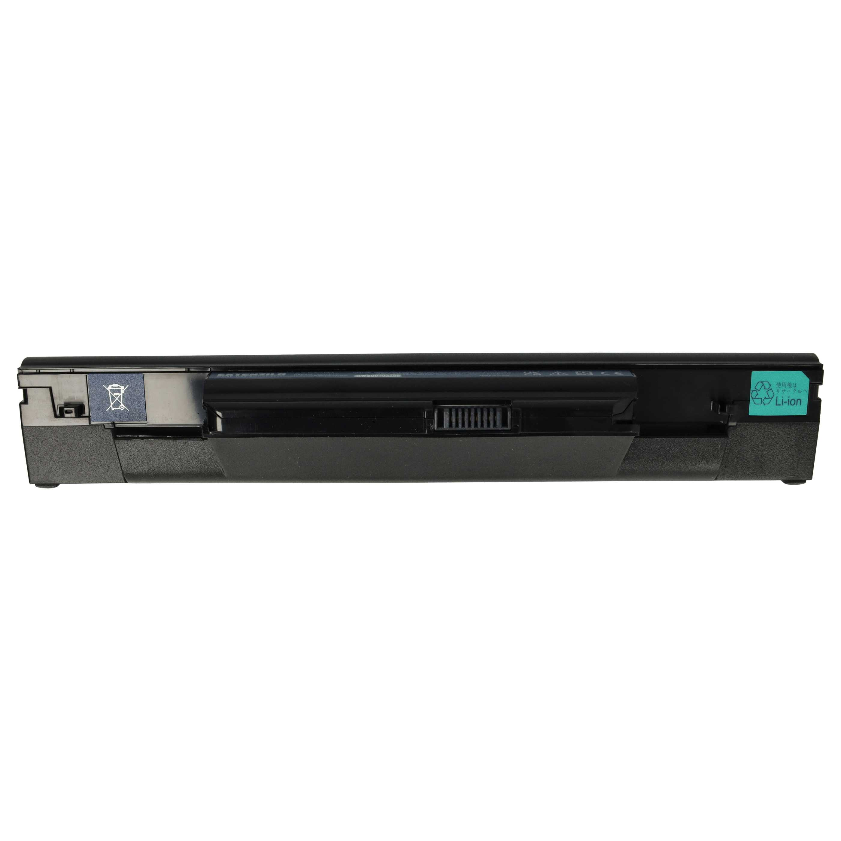 Ein schwarzer Laptop-Akku auf weißem Hintergrund. Er hat ein Warnschild und einen grünen Li-Ionen-Aufkleber.