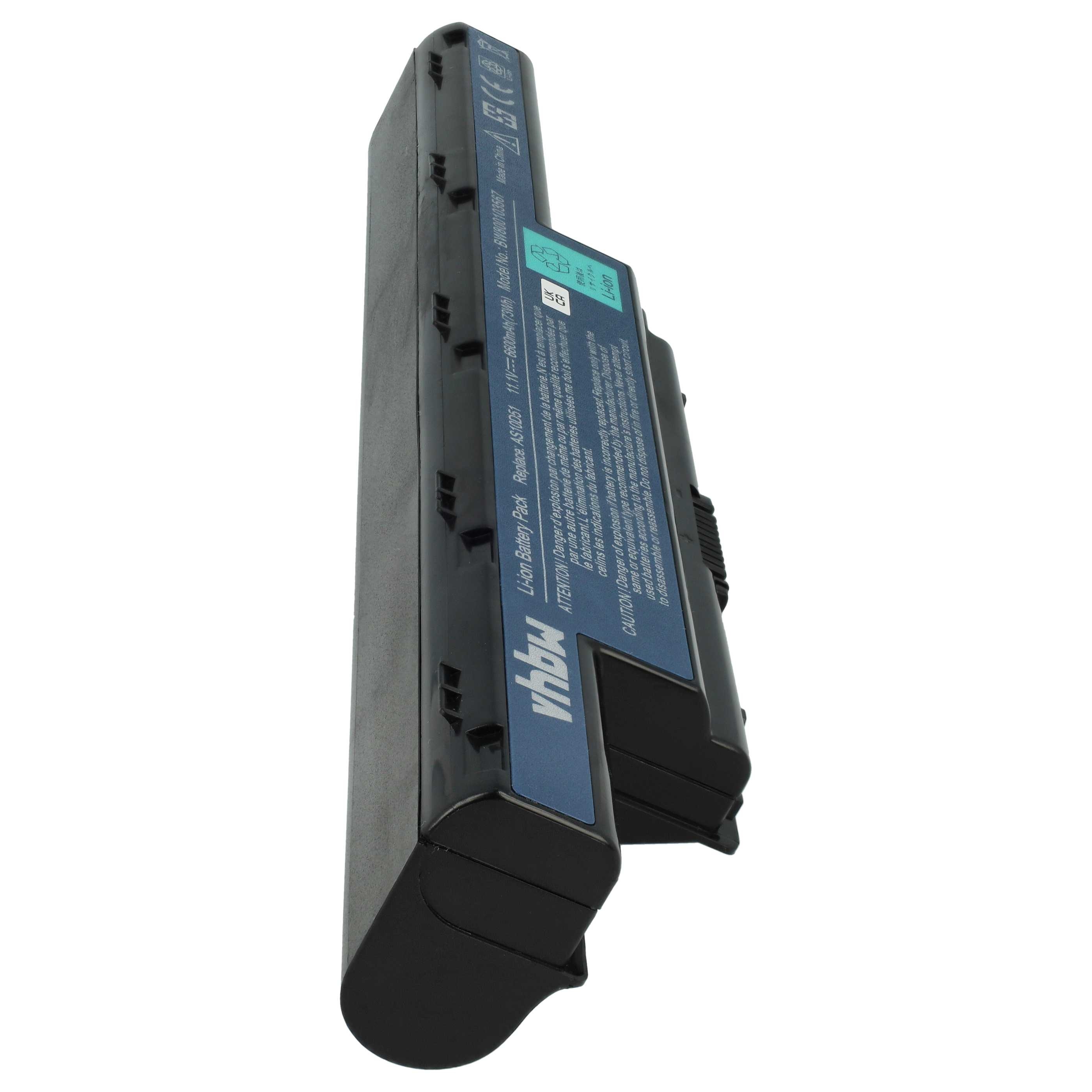 Ein schwarzer Laptop-Akku mit blauem Etikett. Text enthält 'Li-ion Battery Pack', 'Made in China' und Sicherheitshinweise.