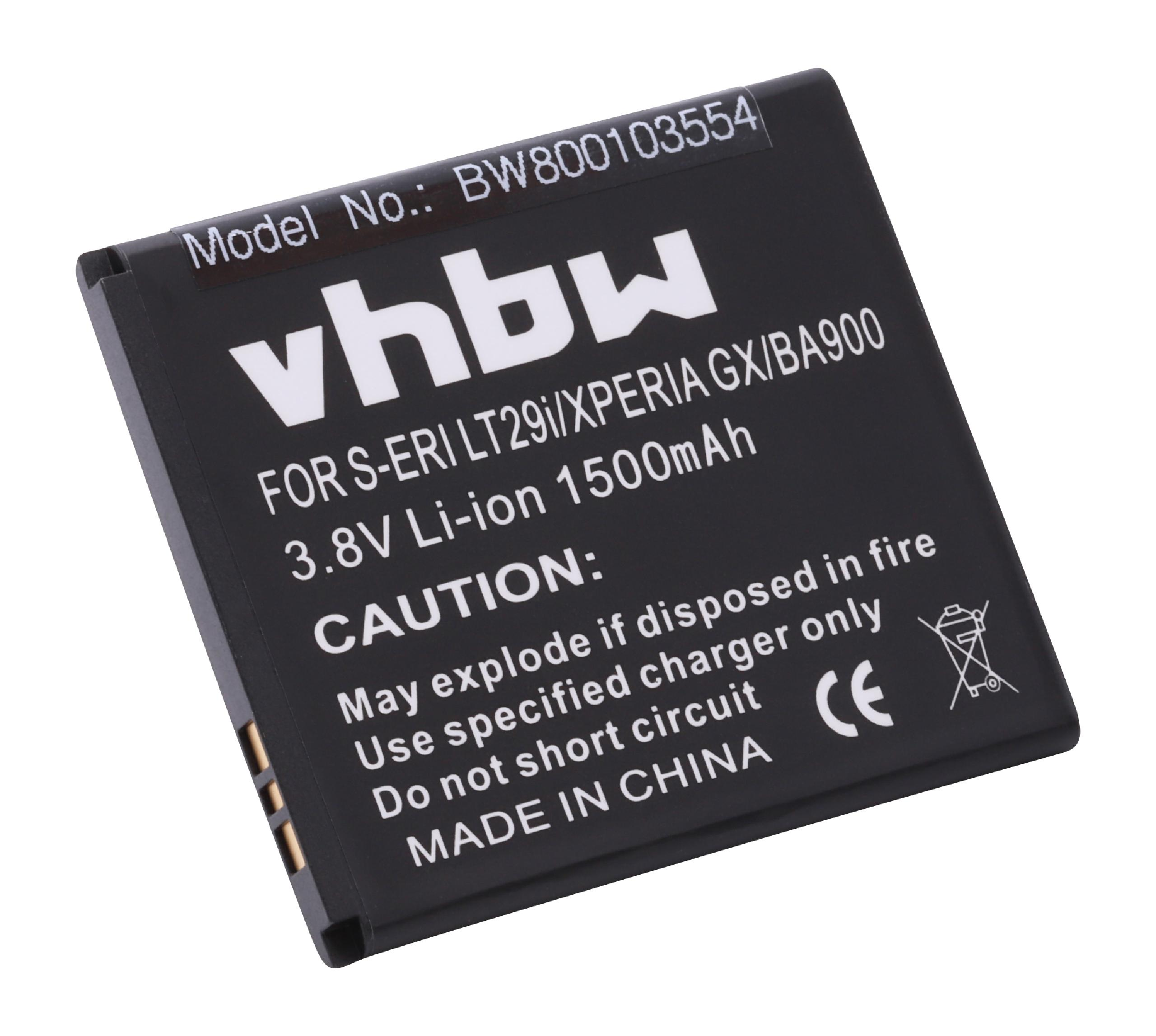 Ein schwarzer Akku mit weißem Text. Er lautet 'vhbw', '3,8V Li-Ion 1500mAh' und Warnhinweise. Die Modellnummer ist BW800103554.
