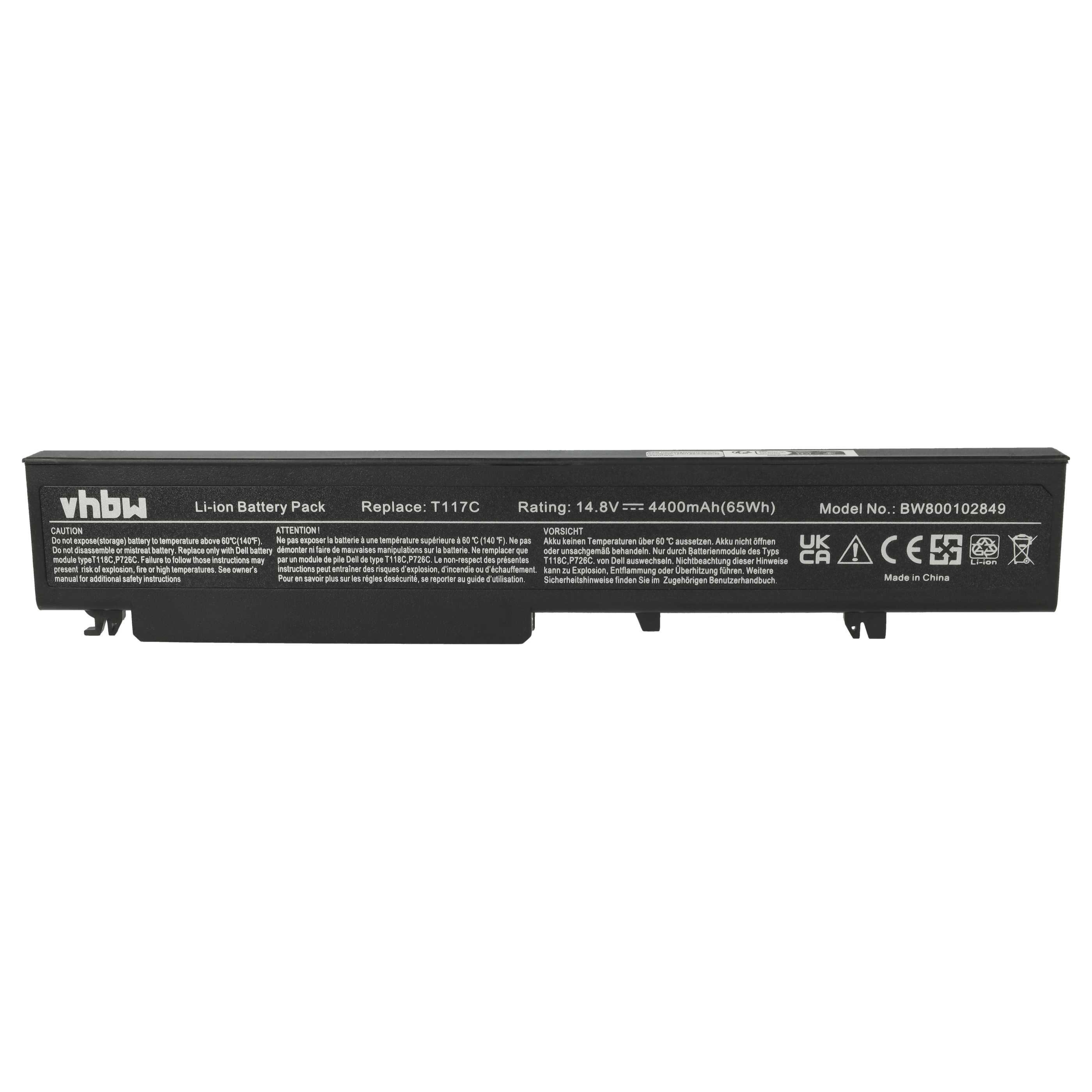 Ein schwarzes Li-Ionen-Akkupack mit weißem Text und Warnhinweisen. Es hat eine Nennleistung von 14,8 V und 4400 mAh.