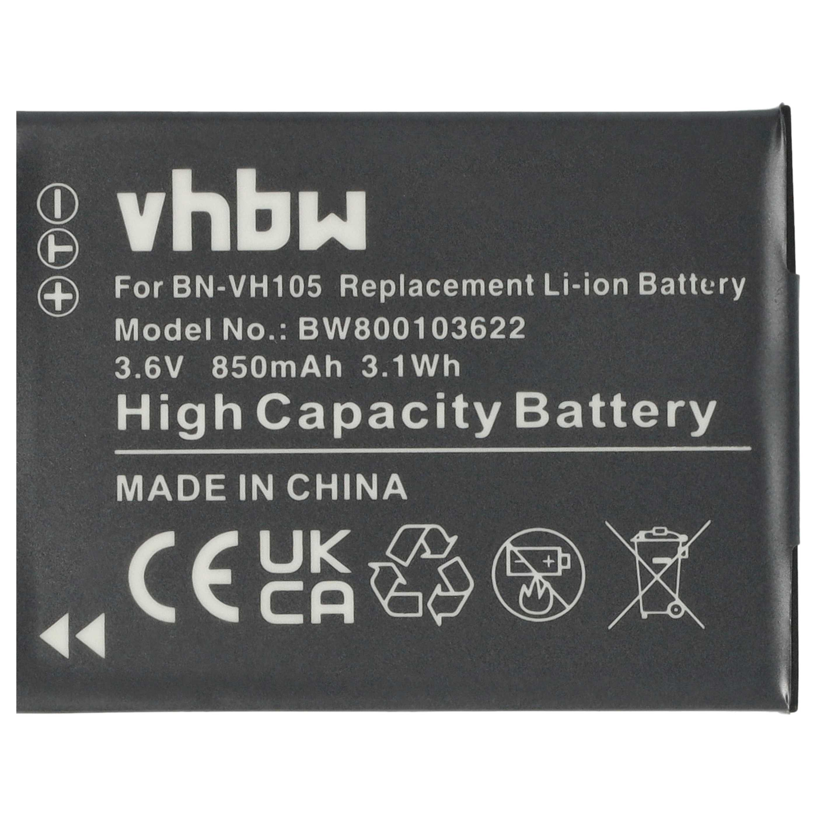 Ein schwarzer rechteckiger Akku mit weißem Text. Es steht vhbw, BN-VH105, 3,6 V, 850 mAh, High Capacity Battery, Made in China.