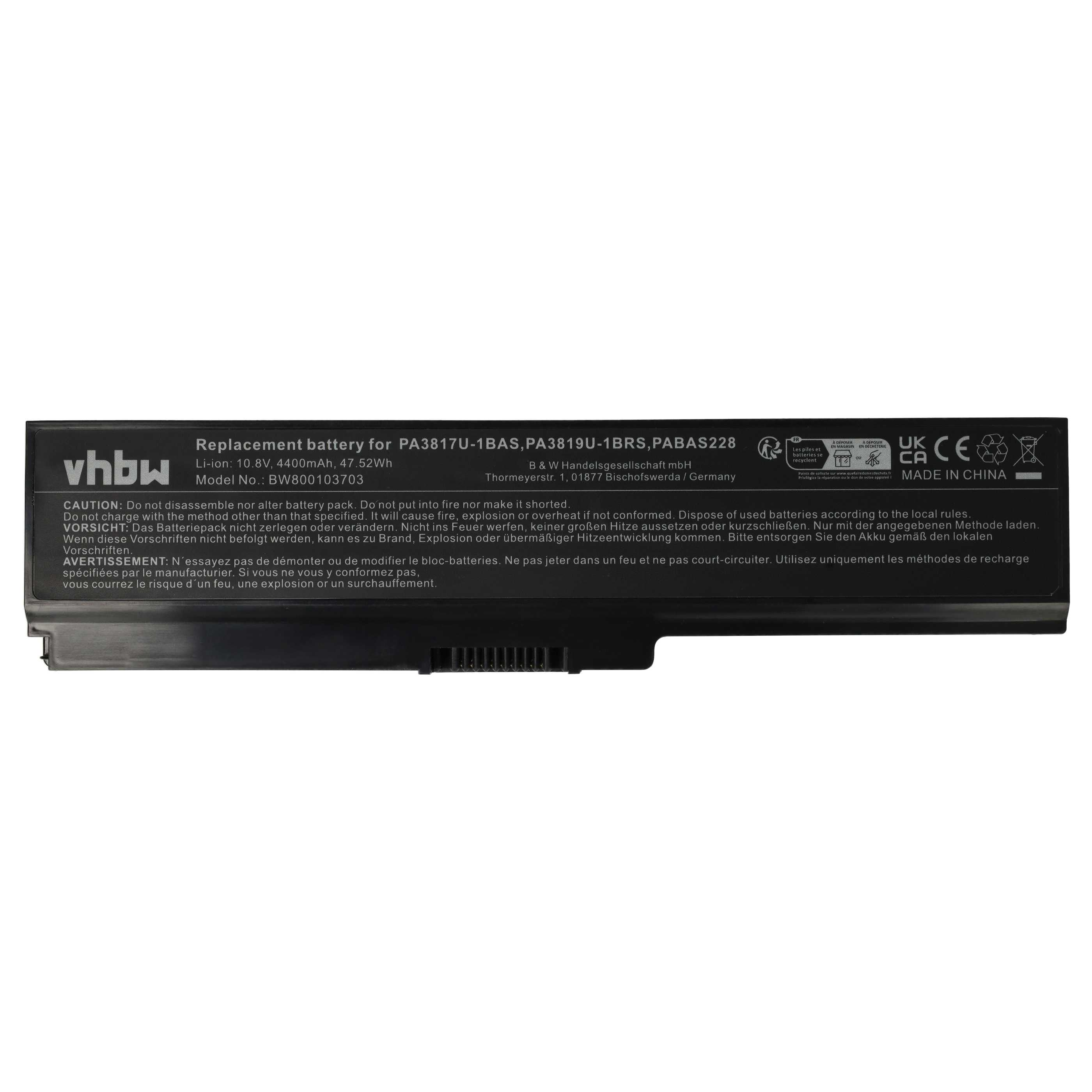 Schwarzer Laptop-Akku mit weißem Text. Text enthält Batteriespezifikationen, Warnungen und Recycling-Symbole.