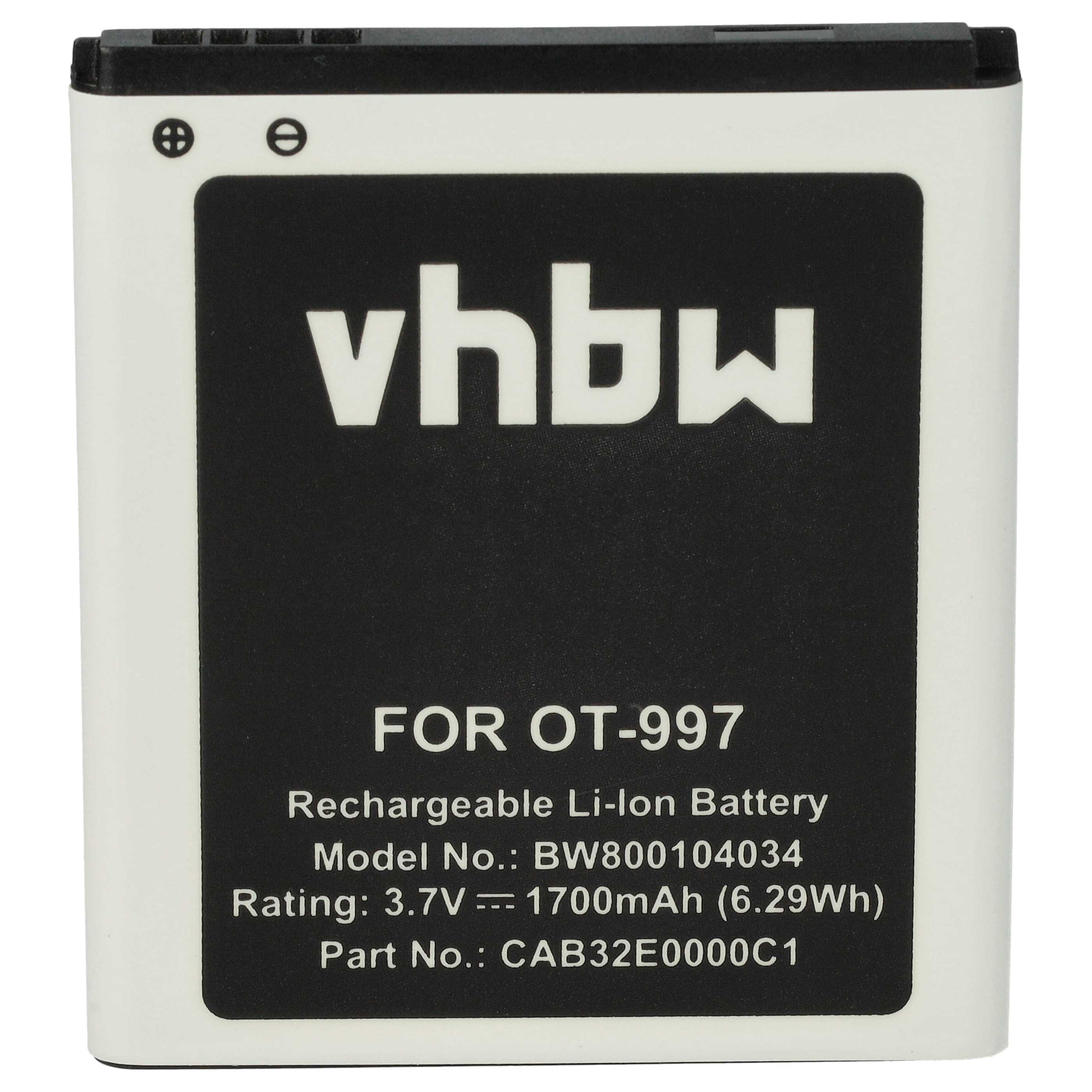 Ein rechteckiger Akku mit weißen Rändern und schwarzem Zentrum mit 'vhbw', 'FOR OT-997' und Spezifikationen.