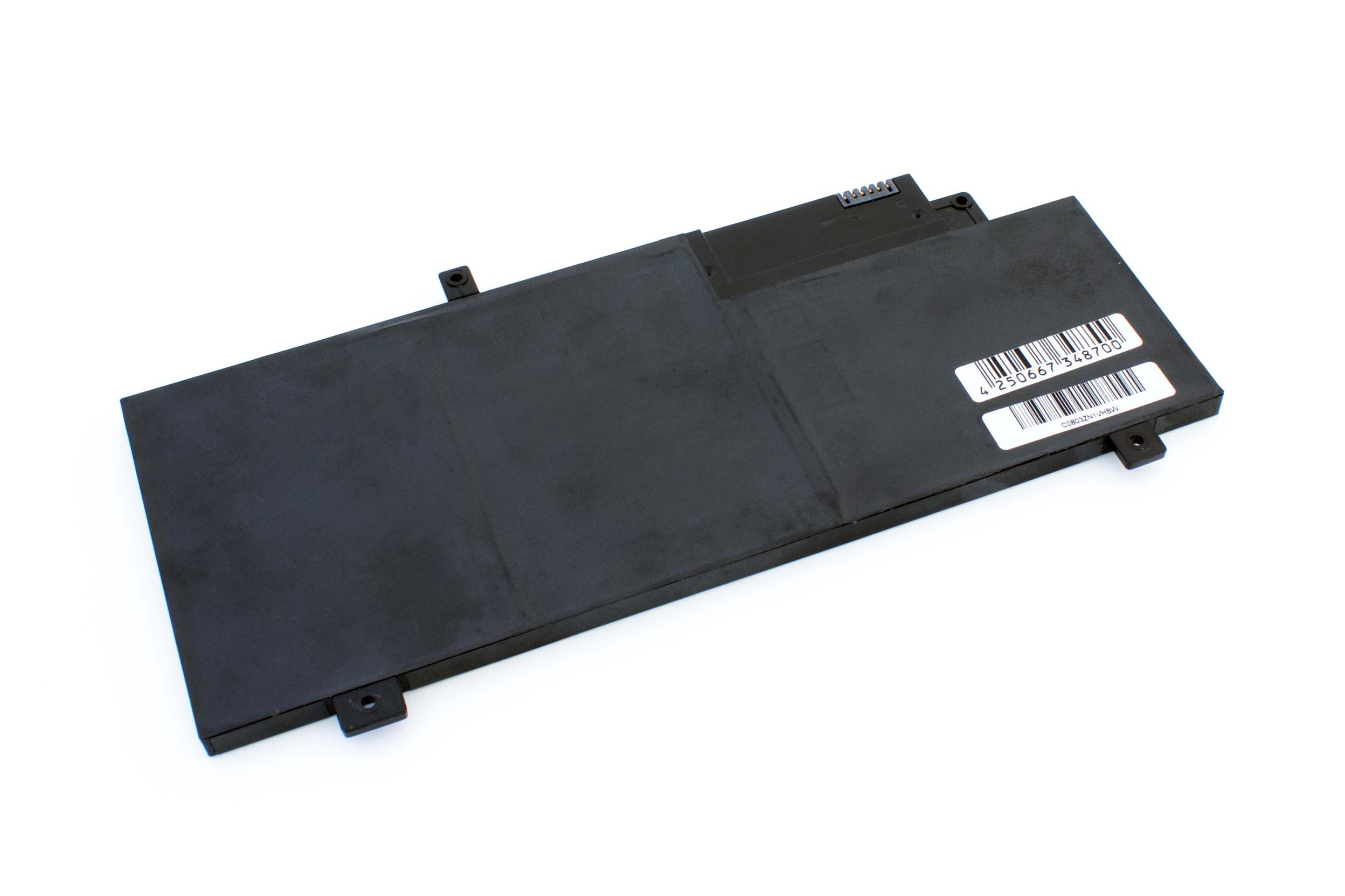 Ein schwarzer Laptop-Akku liegt auf einer weißen Oberfläche. Er hat einen Barcode und einen Anschluss.