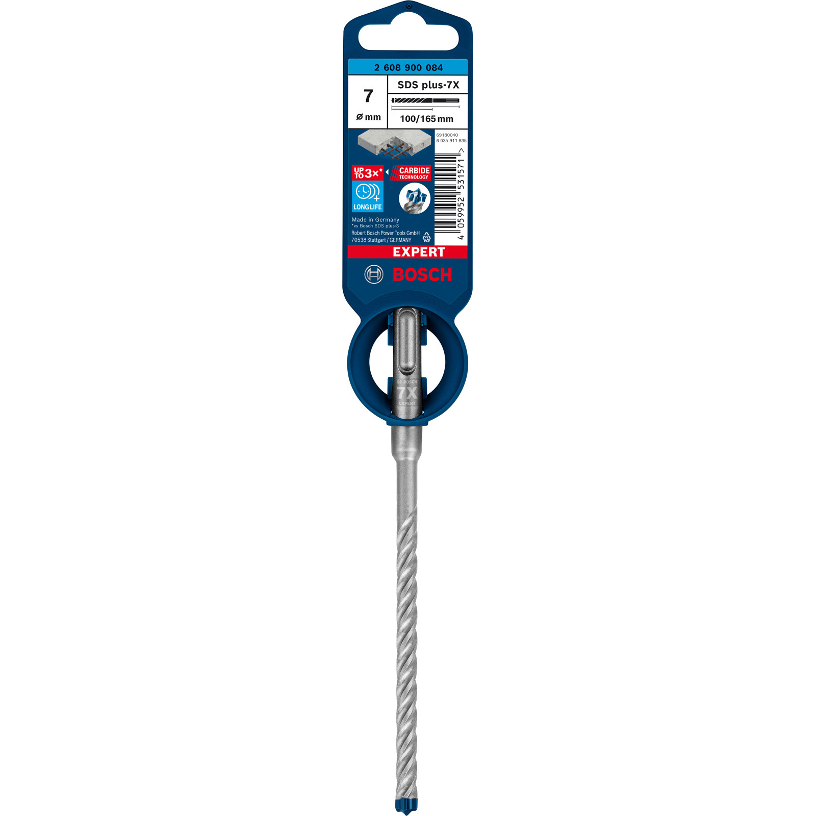 Eine Bosch SDS plus-7X Bohrerverpackung. Der Bohrer ist silberfarben mit blauer Spitze, die Verpackung blau-weiß.