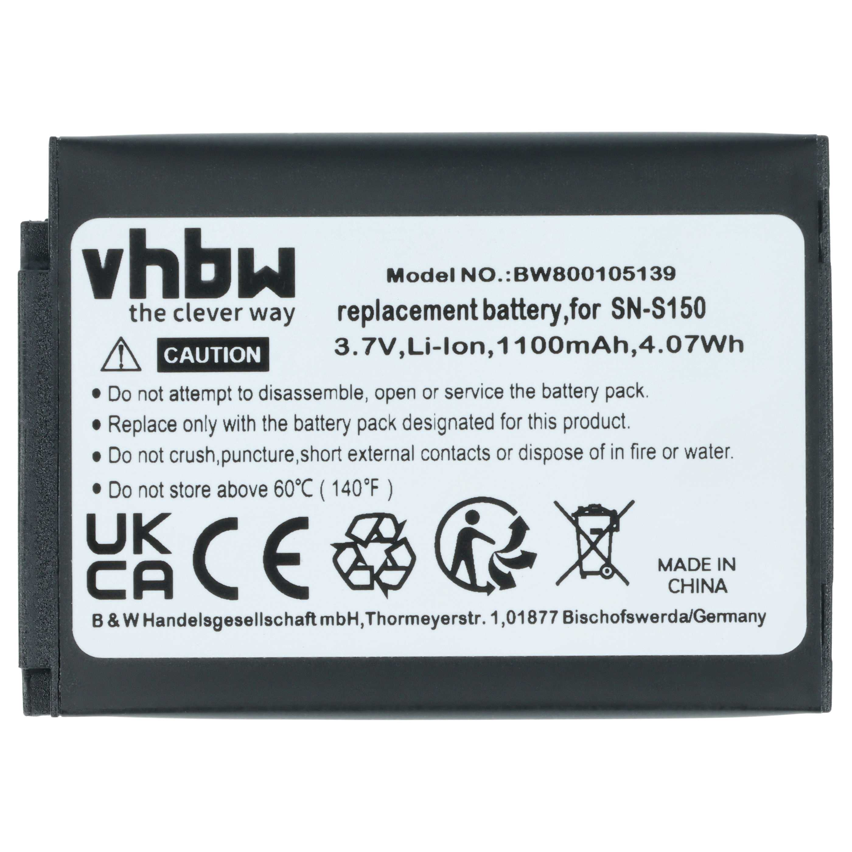 Schwarzer rechteckiger Akku mit weißem Etikett. Text enthält 'vhbw', 'CAUTION' und Spezifikationen wie 3,7 V, Li-Ion, 1100 mAh.
