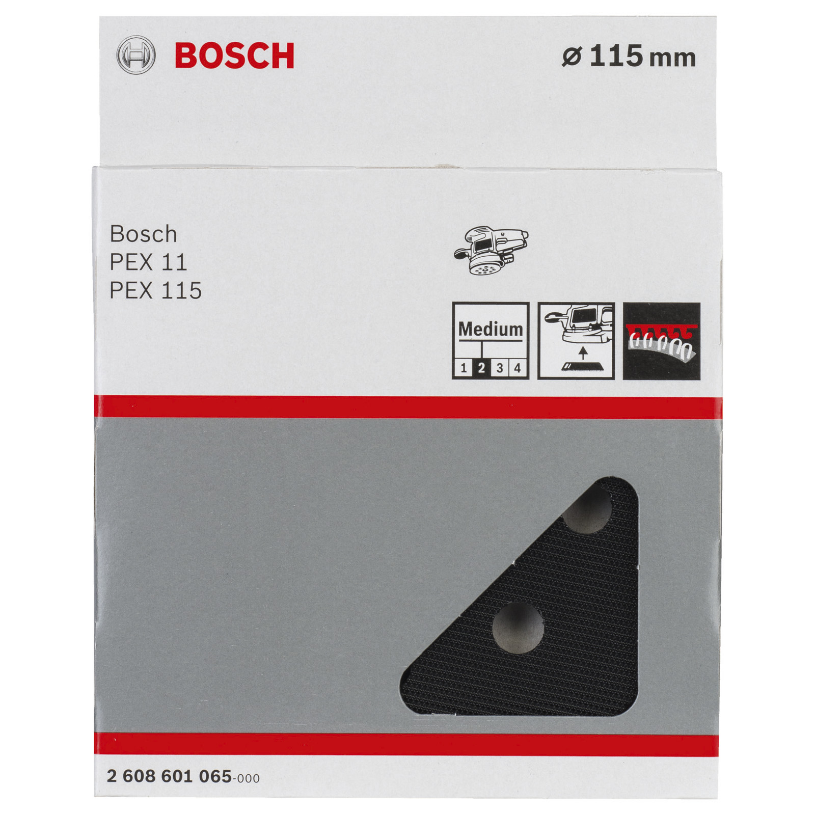 Bosch PEX 11/115 Box. Weiß und grau. Enthält ein schwarzes Schleifpad. Text enthält Bosch und Produktdetails.