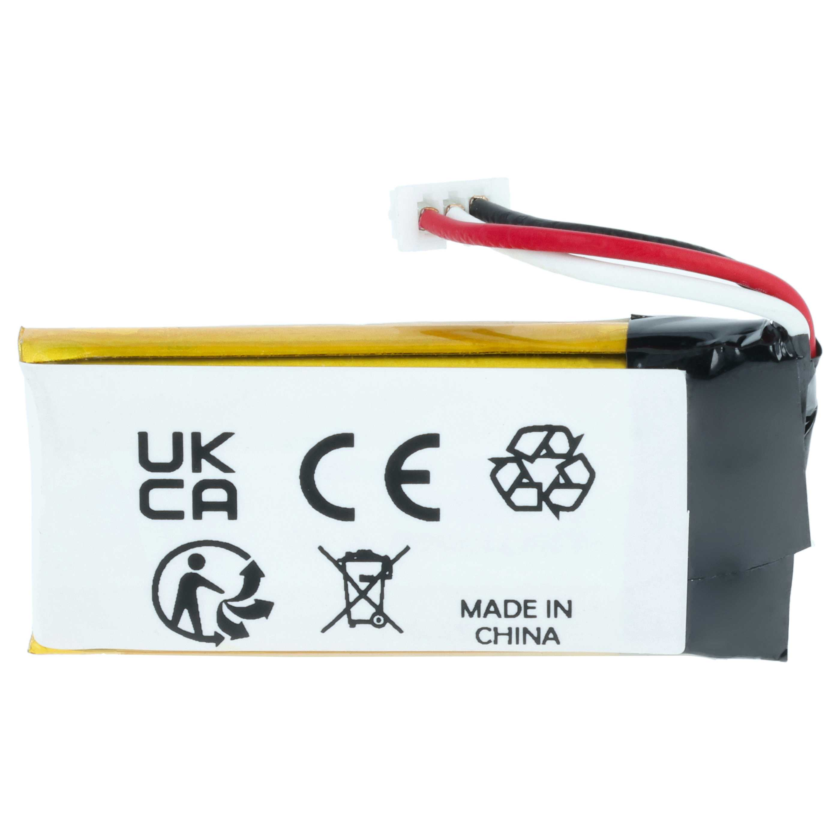 Ein Akku mit Etiketten, darunter UKCA, CE, Recyclingsymbole und Made in China. Er hat rote, schwarze und weiße Drähte.