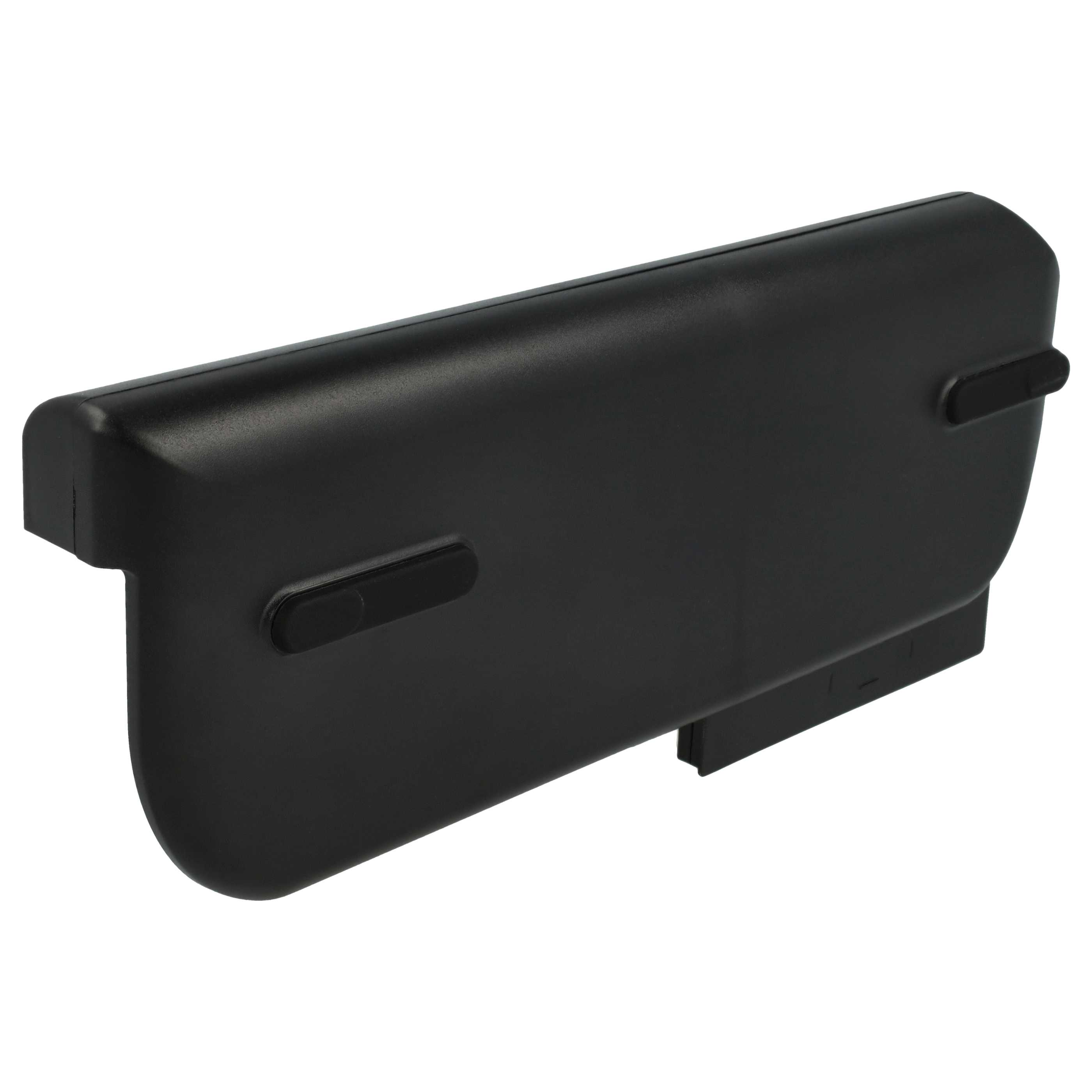 Ein schwarzes Kunststoffgerät, möglicherweise eine Batterieabdeckung, mit zwei erhabenen rechteckigen Pads, auf weißem Hintergrund.