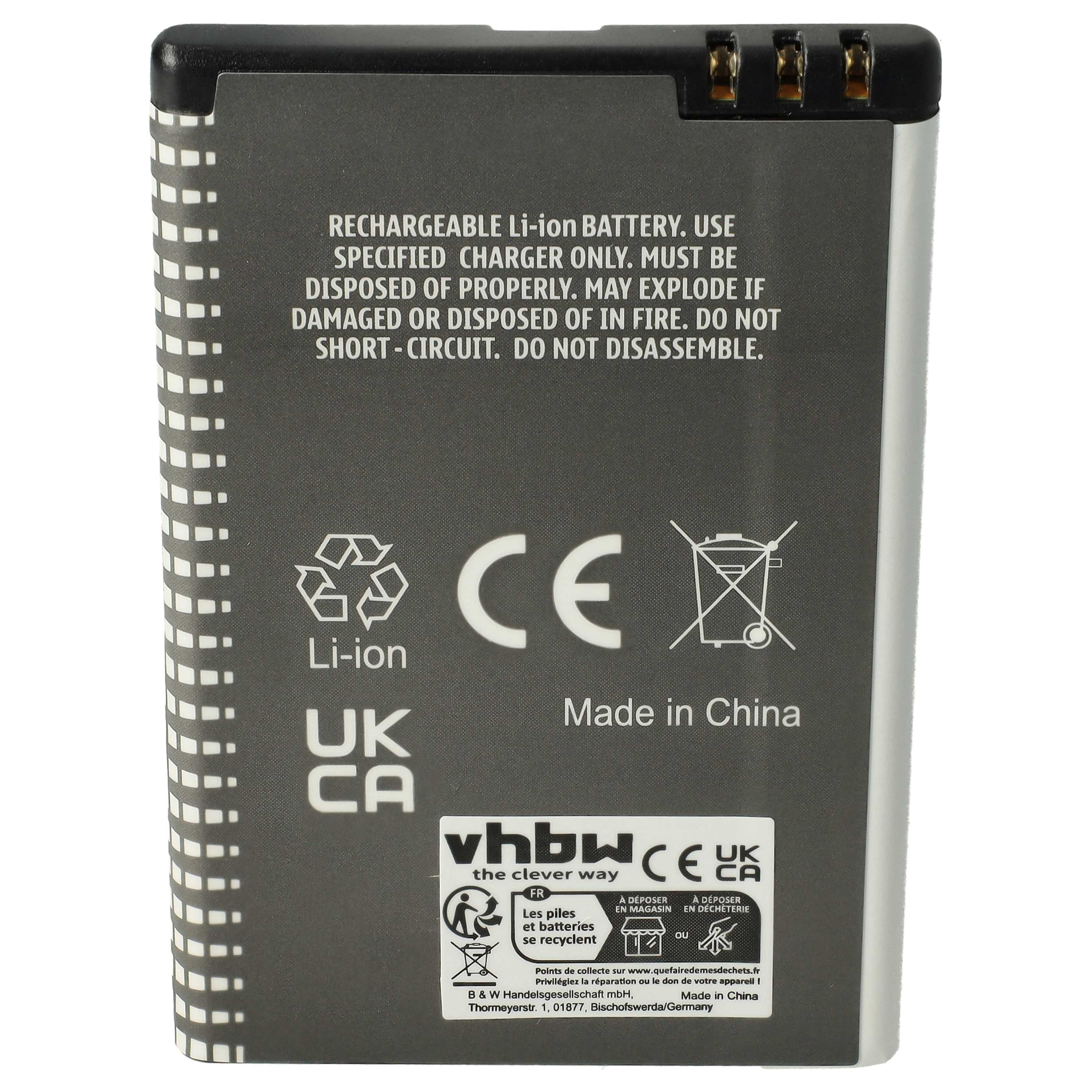 Ein schwarzer und grauer Akku mit Text und Symbolen, einschließlich Recycling- und Sicherheitshinweisen. Hergestellt in China.