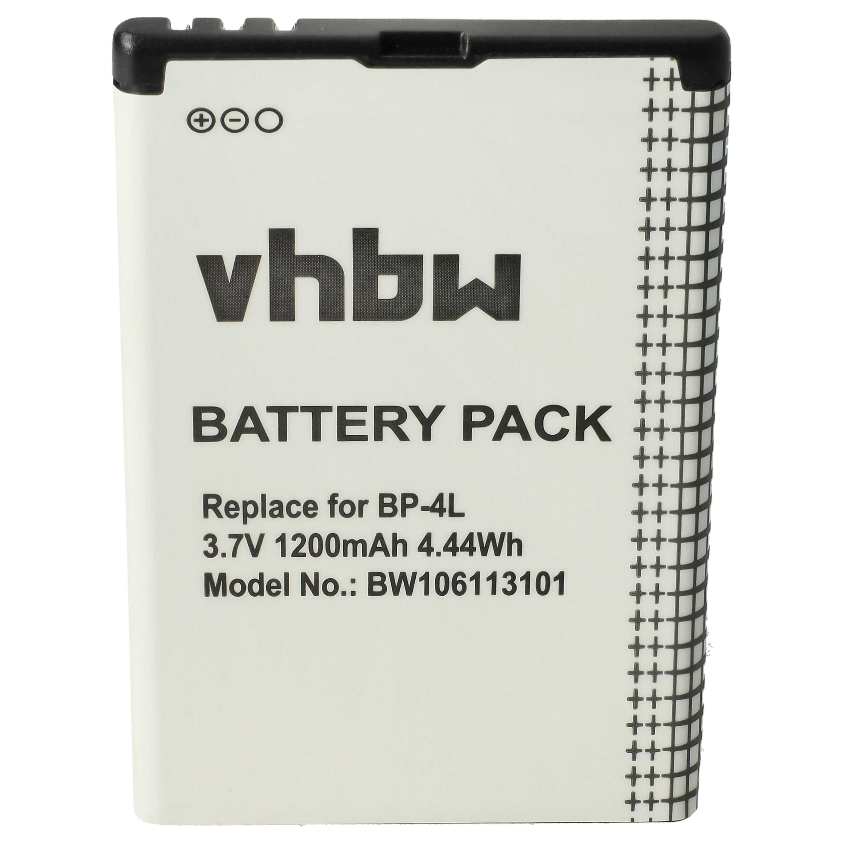 Ein weißes Akkupack mit der Aufschrift 'vhbw BATTERY PACK'. Es hat schwarzen Text und eine schwarze Oberseite. Enthält Batterieangaben und Modellnummer.