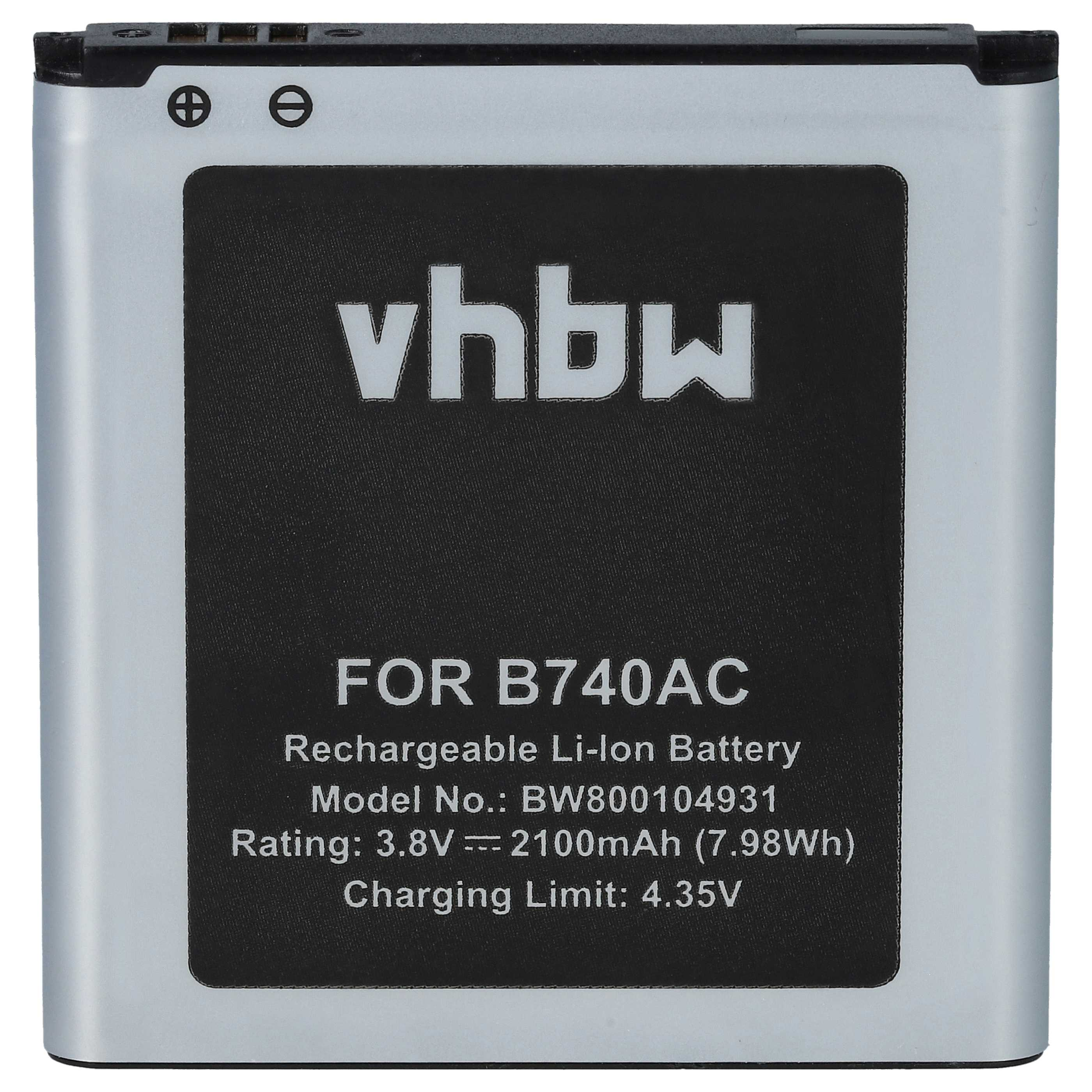 Ein rechteckiger Akku mit der Marke 'vhbw'. Details sind 'FOR B740AC', 'Rechargeable Li-Ion Battery' und Spezifikationen.