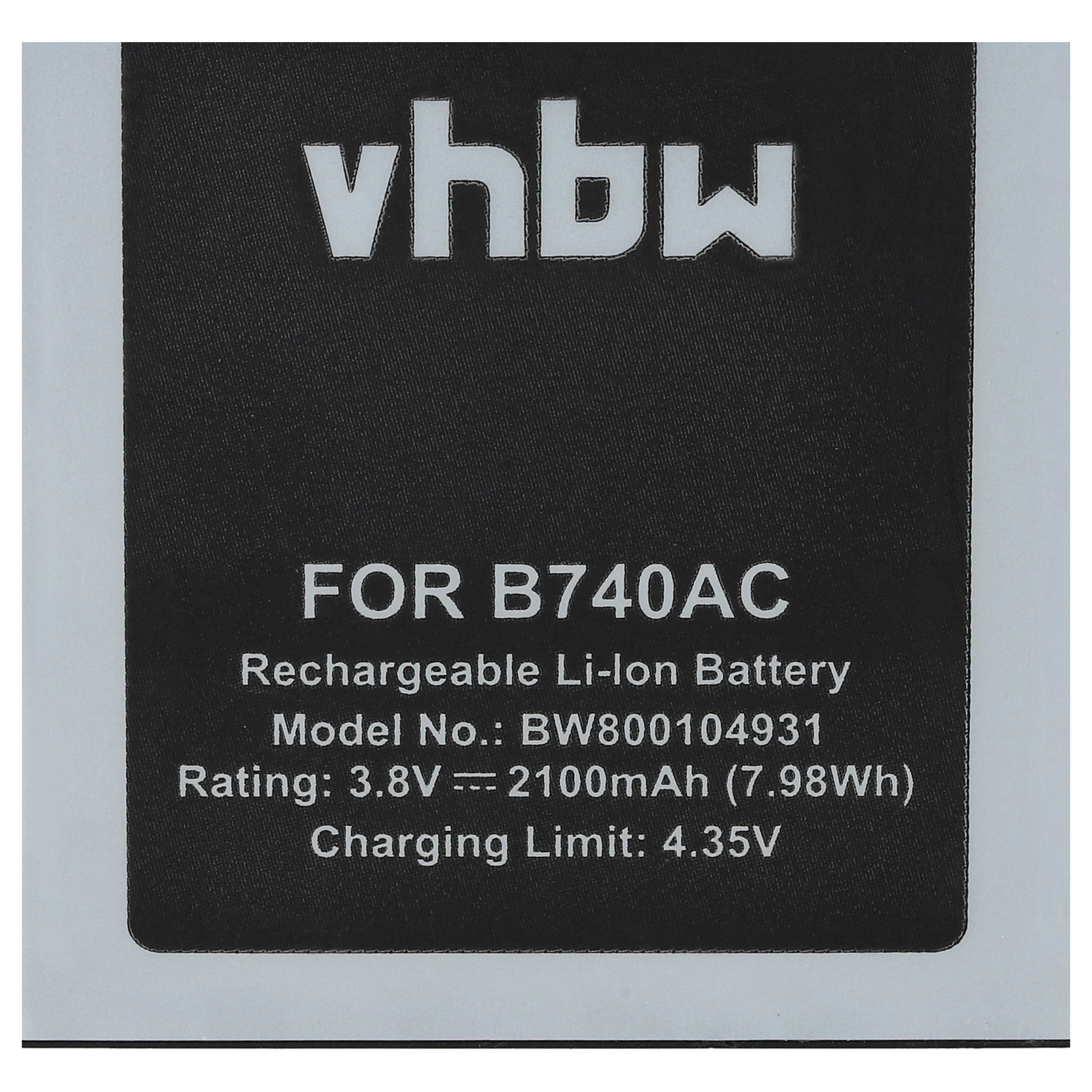 Ein schwarz-weißes Etikett mit dem Text 'vhbw'. Darunter steht 'FOR B740AC Rechargeable Li-ion Battery' und weitere Spezifikationen.