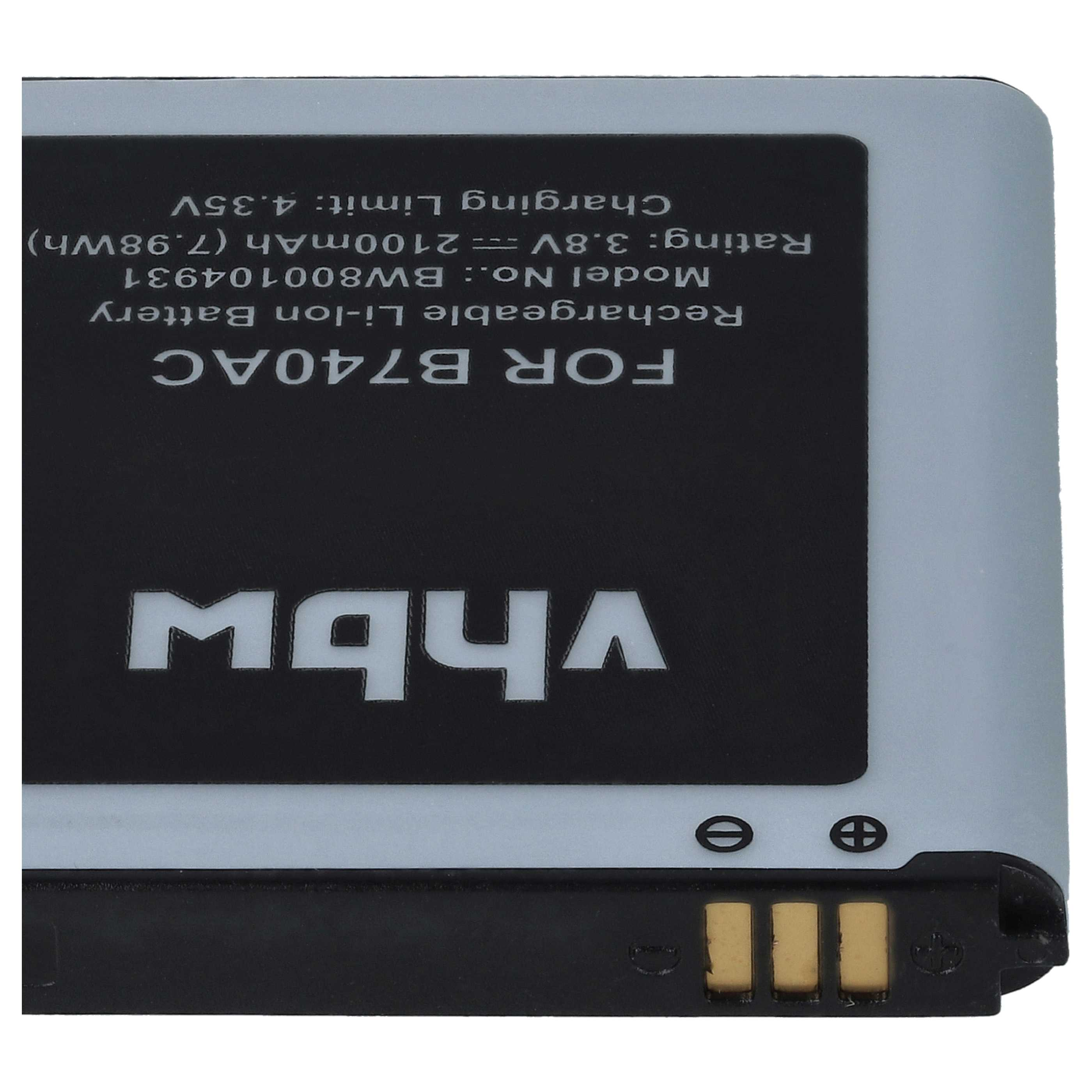 Ein rechteckiger schwarzer und silberner Akku. Text enthält 'FOR B740AC', 'Rechargeable Li-Ion Battery' und Spezifikationen.