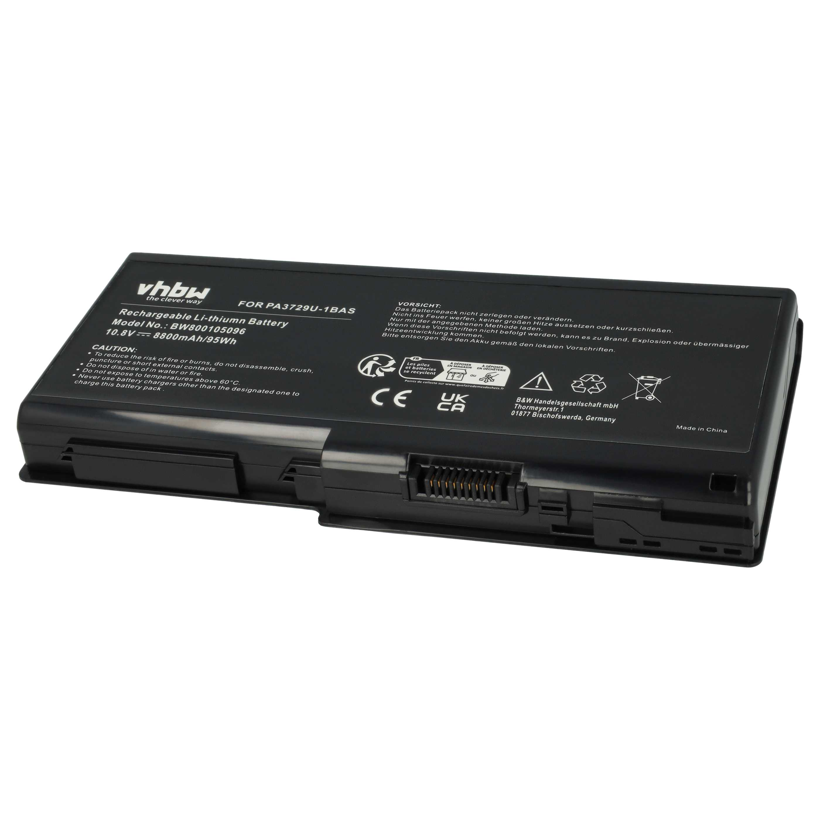 Schwarzer Laptop-Akku mit Text, Warnhinweisen und Logos. Enthält den Markennamen vhbw und Modellinformationen.