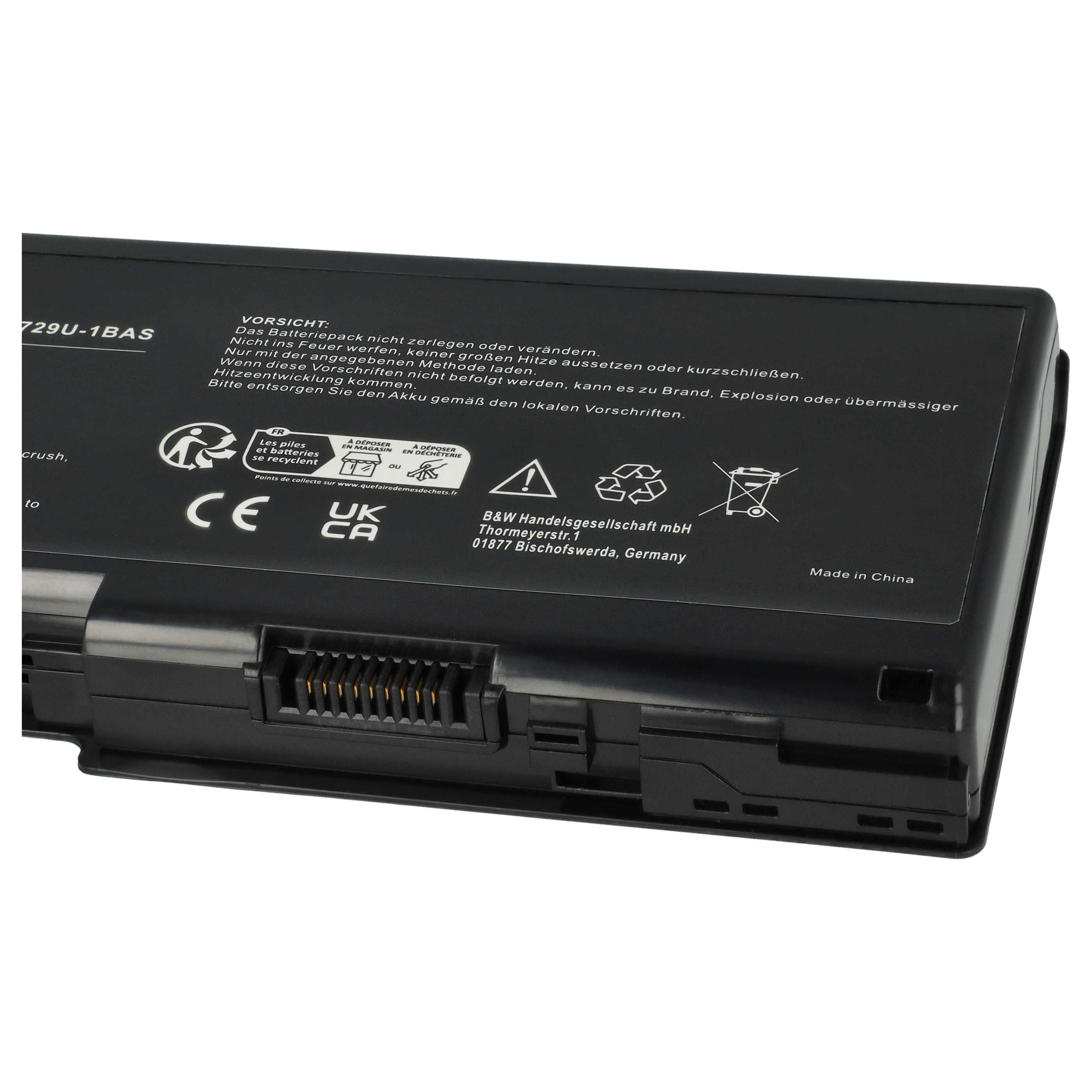 Schwarzer Laptop-Akku mit Warnhinweisen und Text. Enthält Recyclingsymbole und die Aufschrift 'Made in China'.