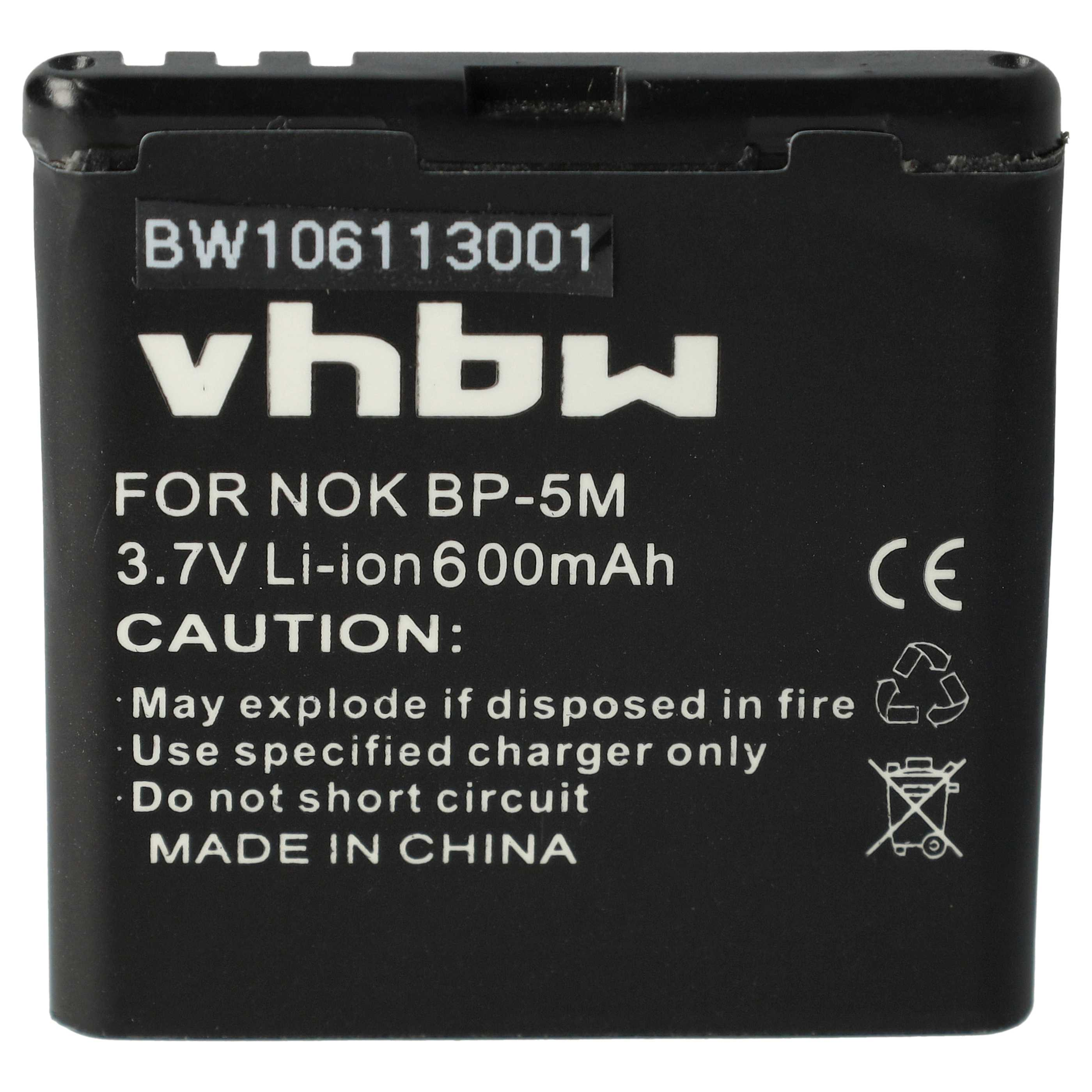 Ein schwarzer Akku mit weißem Text. Er trägt die Aufschrift vhbw, FOR NOK BP-5M, 3,7V Li-ion 600mAh und VORSICHT: Kann explodieren.