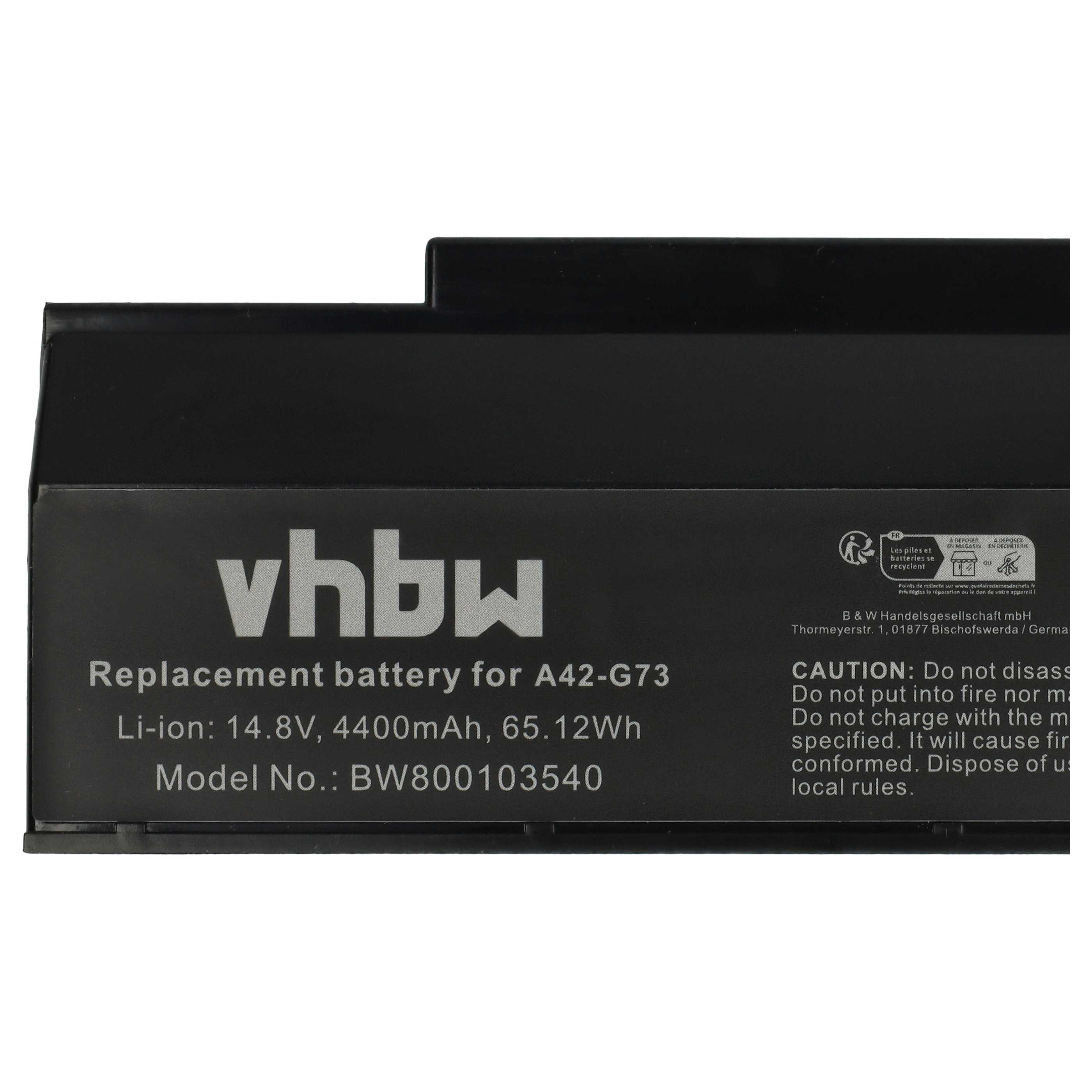Schwarzer Akku mit weißem Text. Auf dem Etikett steht: Ersatzakku für A42-G73, Li-Ion 14,8V, 4400mAh.