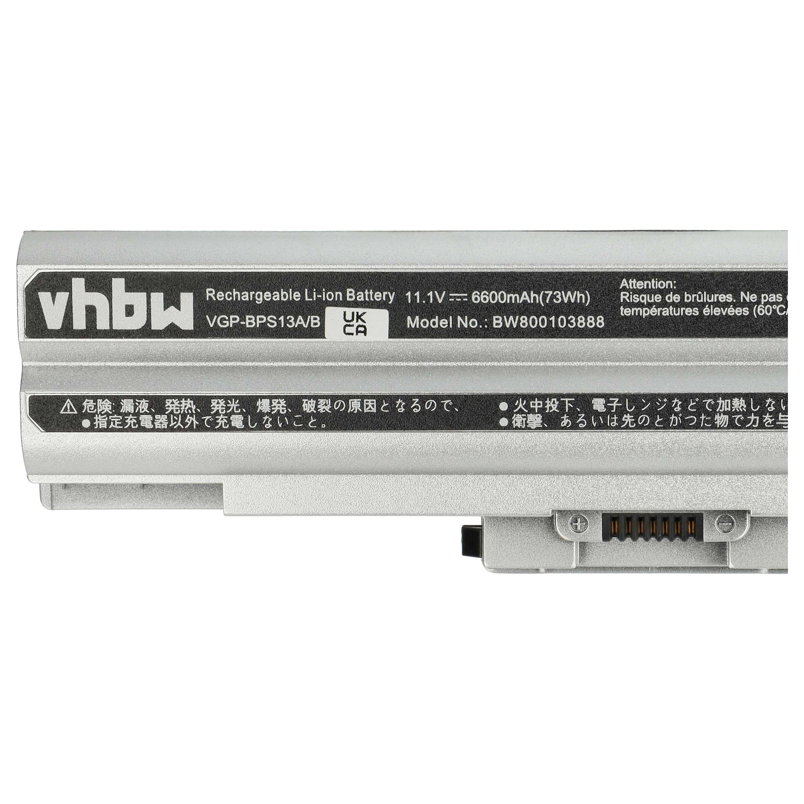 Silberne Batterie mit schwarzem Text. Sie zeigt 'vhbw' und 'Rechargeable Li-ion Battery'. Warnungen in mehreren Sprachen.