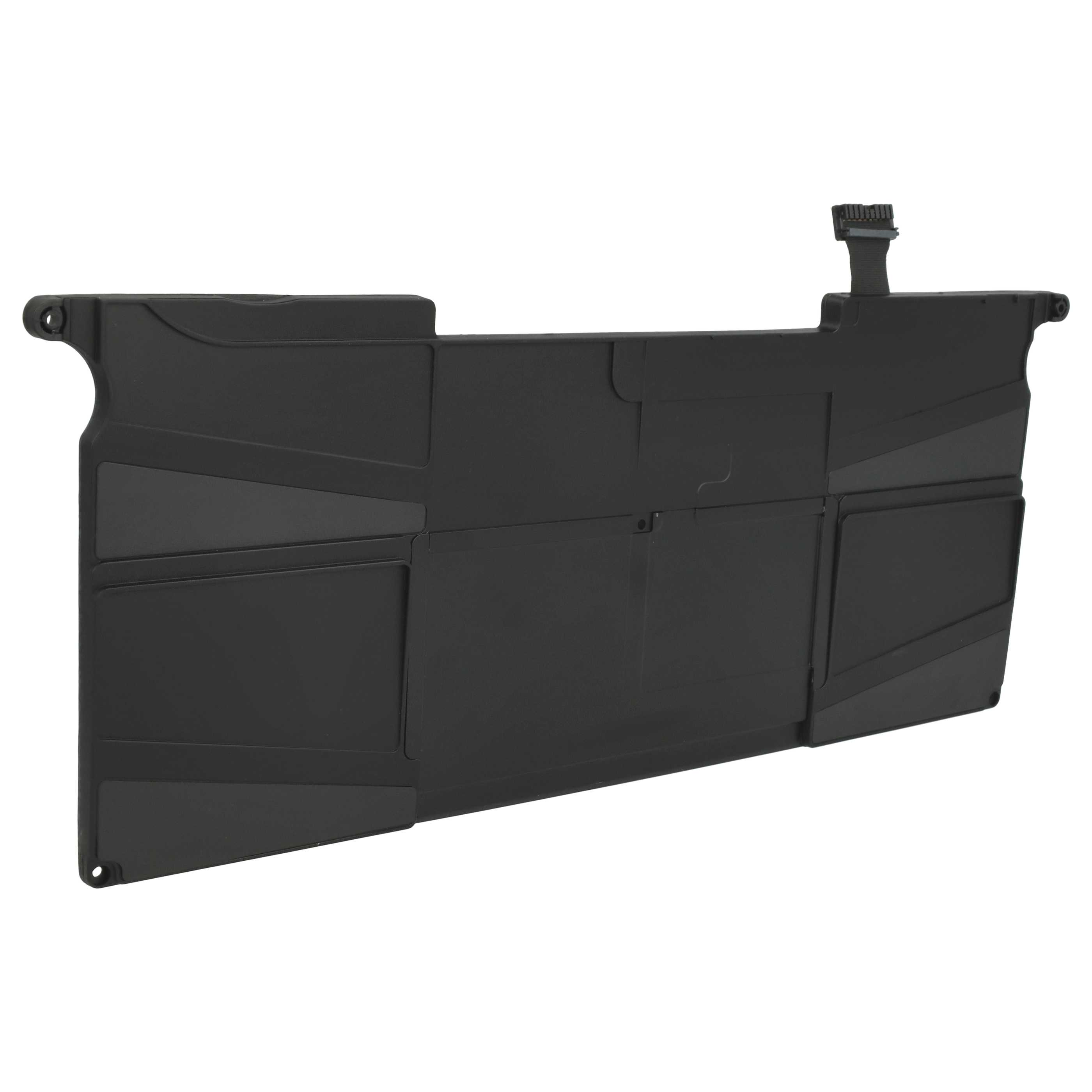 Ein schwarzer Laptop-Akku mit Anschluss. Der Akku ist rechteckig mit verschiedenen Formen.