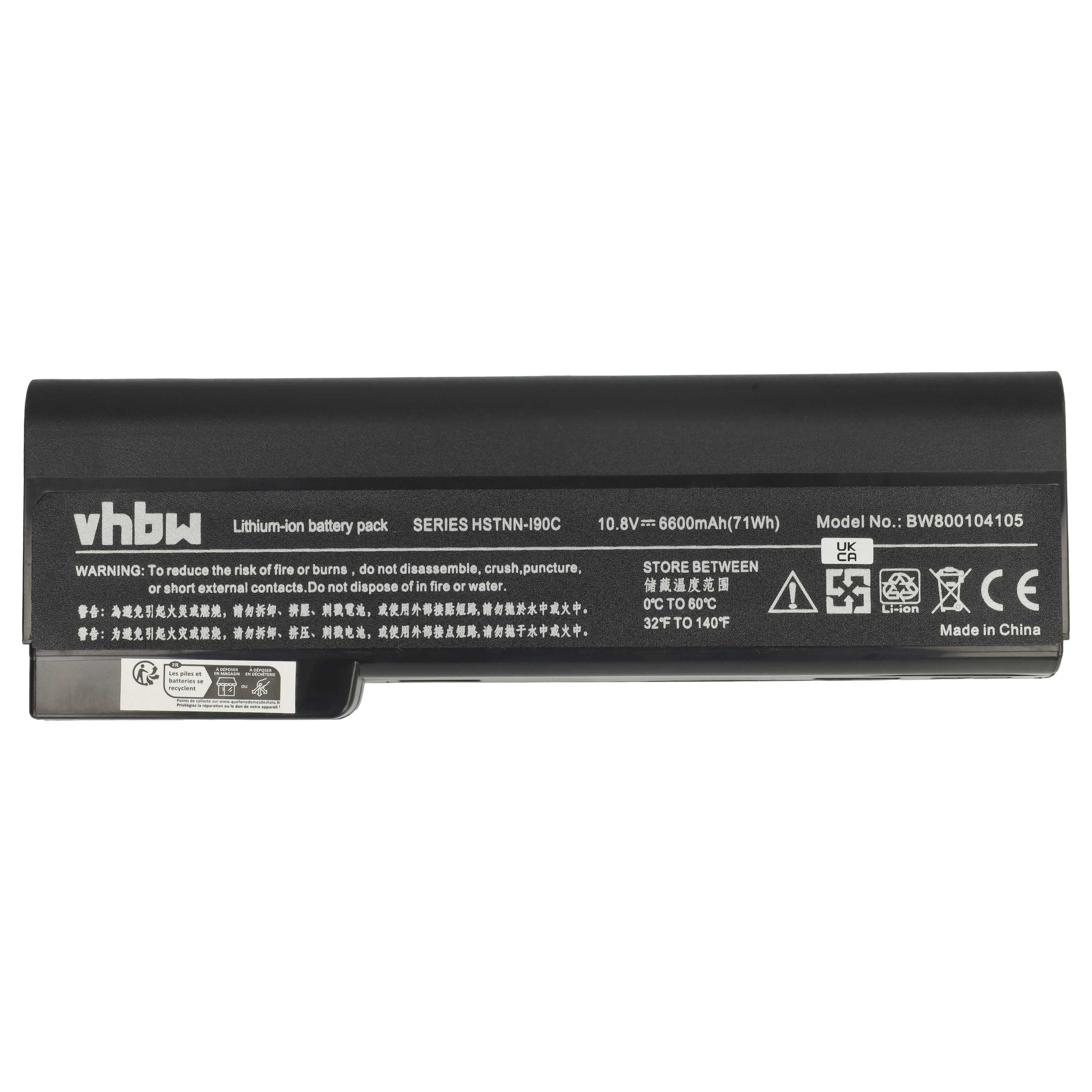 Schwarzer vhbw Lithium-Ionen-Akku mit Warnhinweisen und Spezifikationen. Etiketten enthalten Modell- und Speicherinfos.