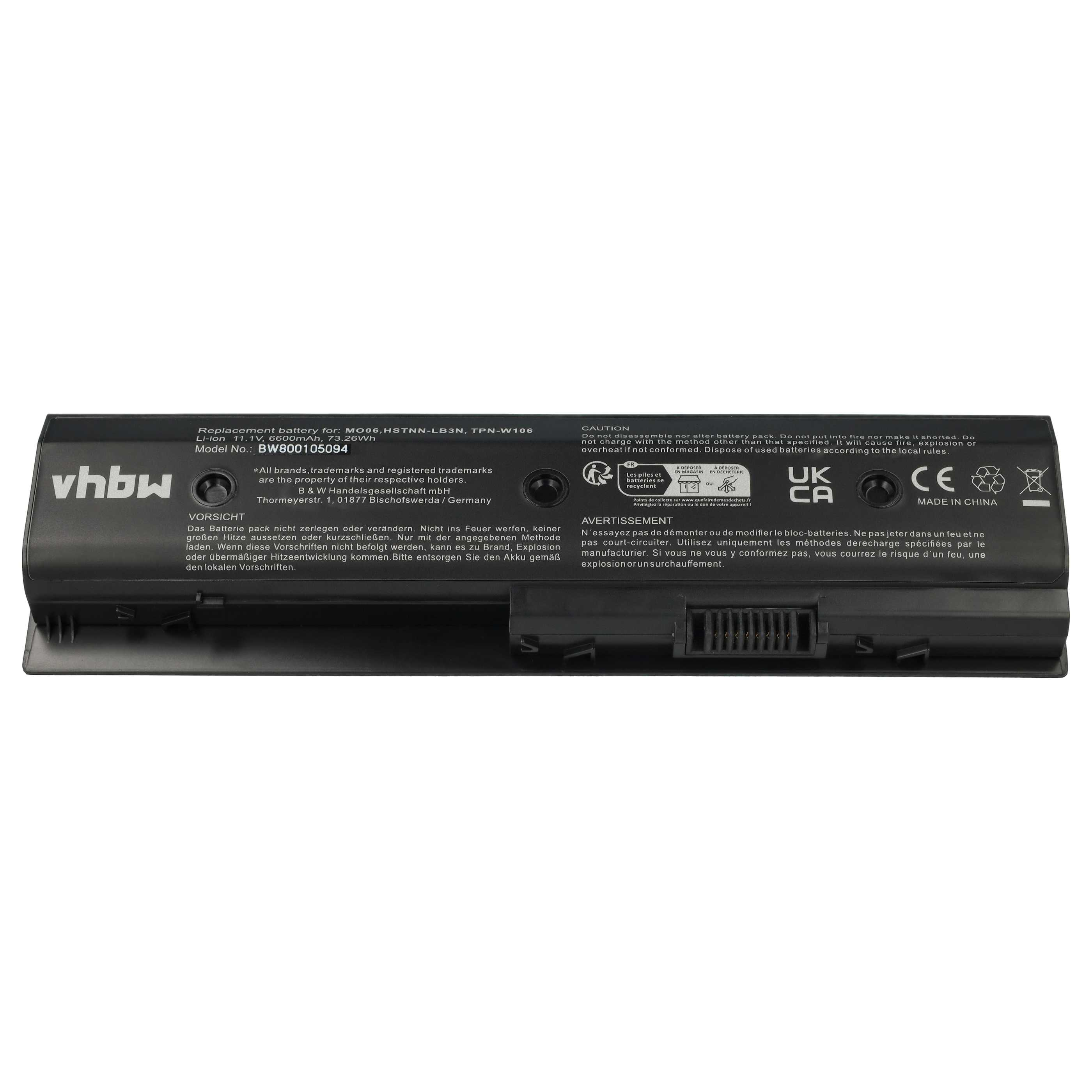 Laptop-Akku mit Warnungen, Markenname und Recycling-Symbolen. Schwarzer Akku mit Text und Logos.