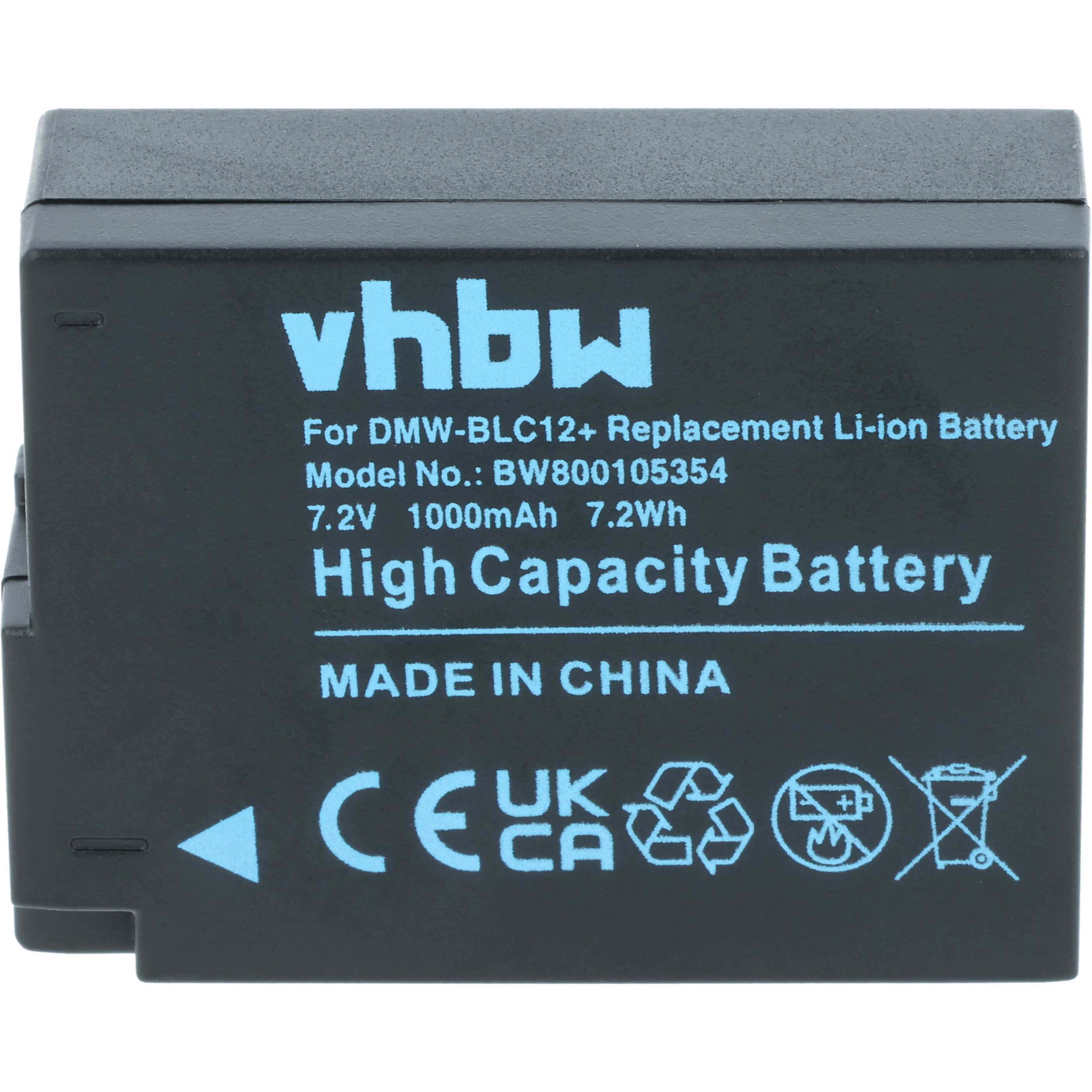 Schwarzer Akku mit blauem Text: vhbw, Für DMW-BLC12+ Akku, 7,2 V 1000 mAh. Text: High Capacity Battery, MADE IN CHINA.