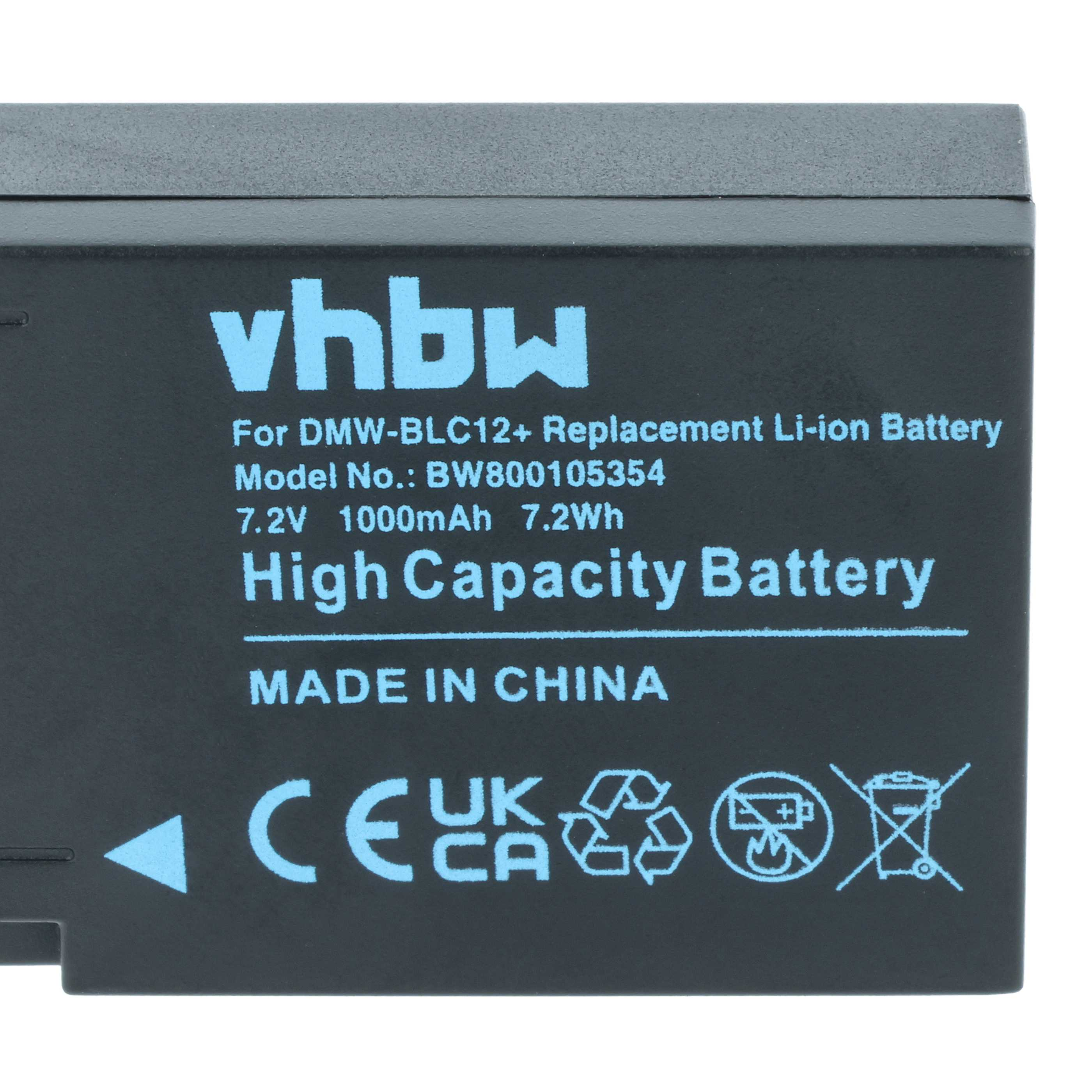 Schwarzer Akku mit blauem Text, liest sich 'vhbw', 'High Capacity Battery' und weitere Spezifikationen. 'Made in China' ist auch sichtbar.
