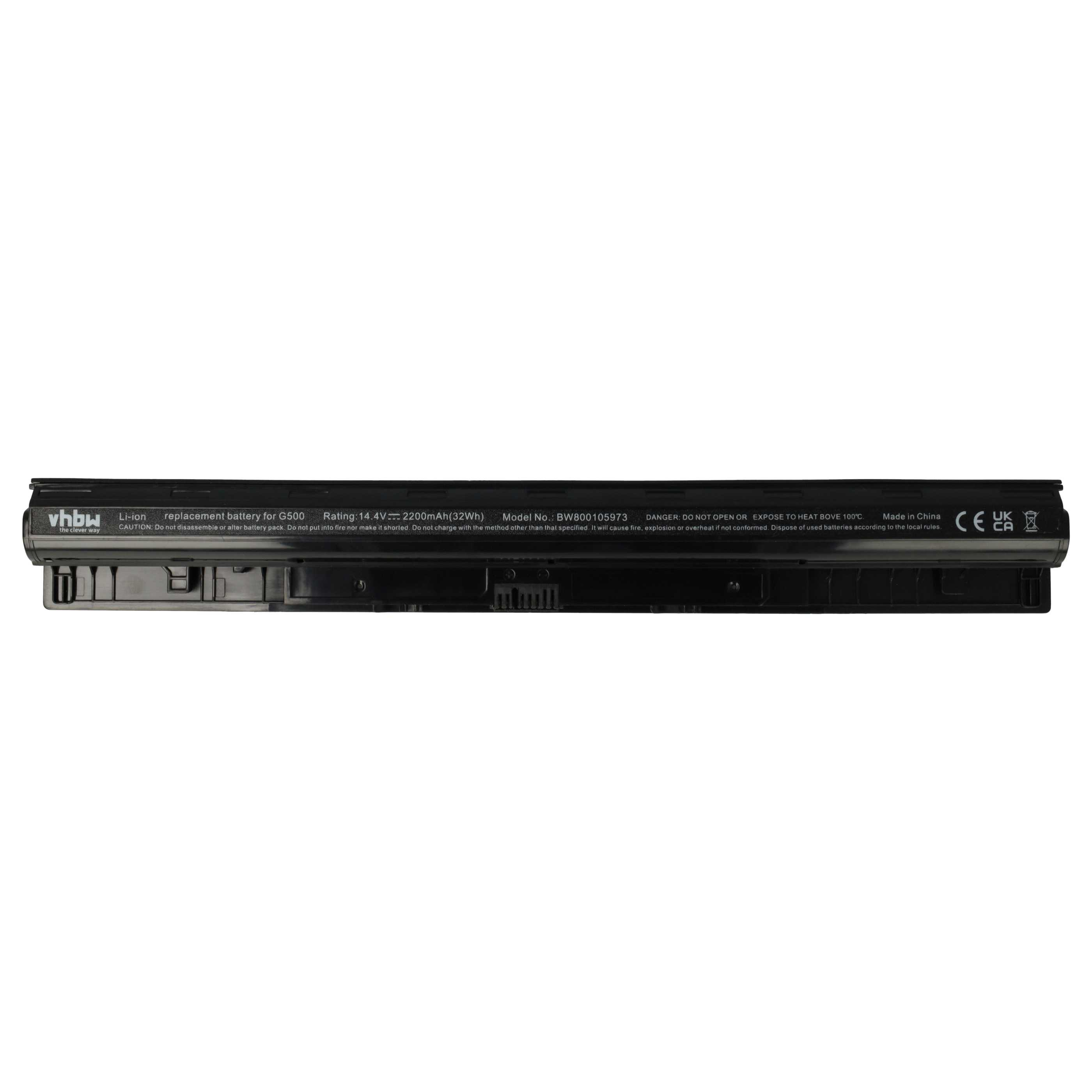 Ein schwarzer Laptop-Akku mit weißem Text. Text enthält Marke, Modell, Spannung und Sicherheitshinweise. Hergestellt in China.