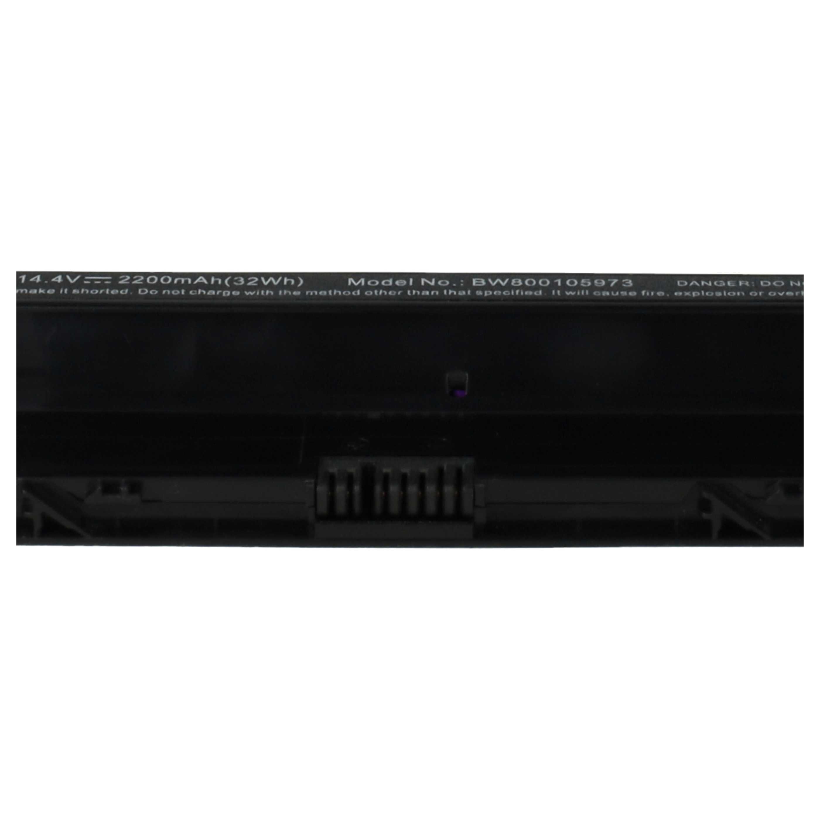 Ein schwarzer Laptop-Akku mit Text: 14,4 V, 2200 mAh, Modell-Nr.: BW800105973. Unten befindet sich ein Anschluss.