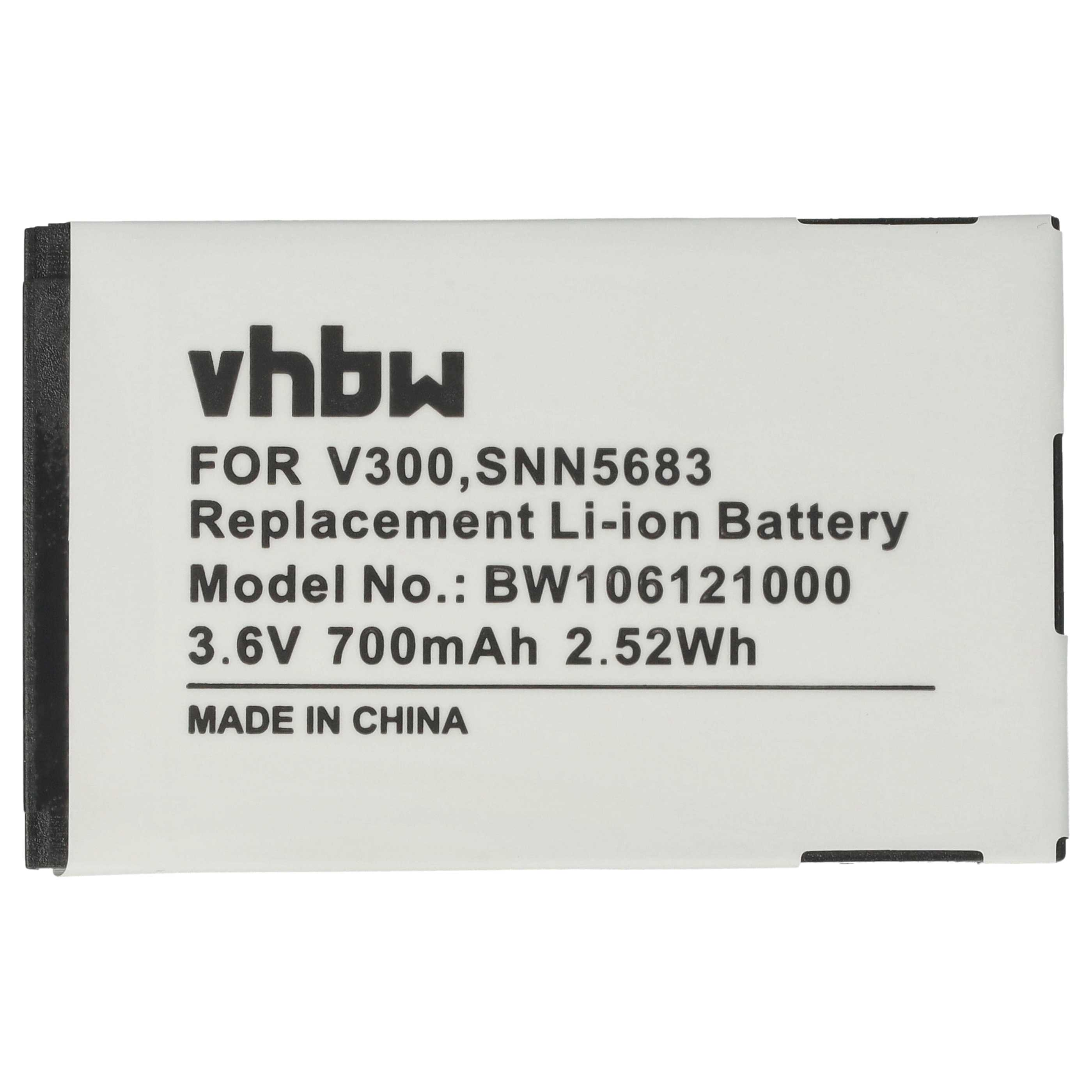 Ein weißer Akku mit schwarzem Text: vhbw, Ersatz-Li-Ionen-Akku, 3,6 V 700 mAh, hergestellt in China.