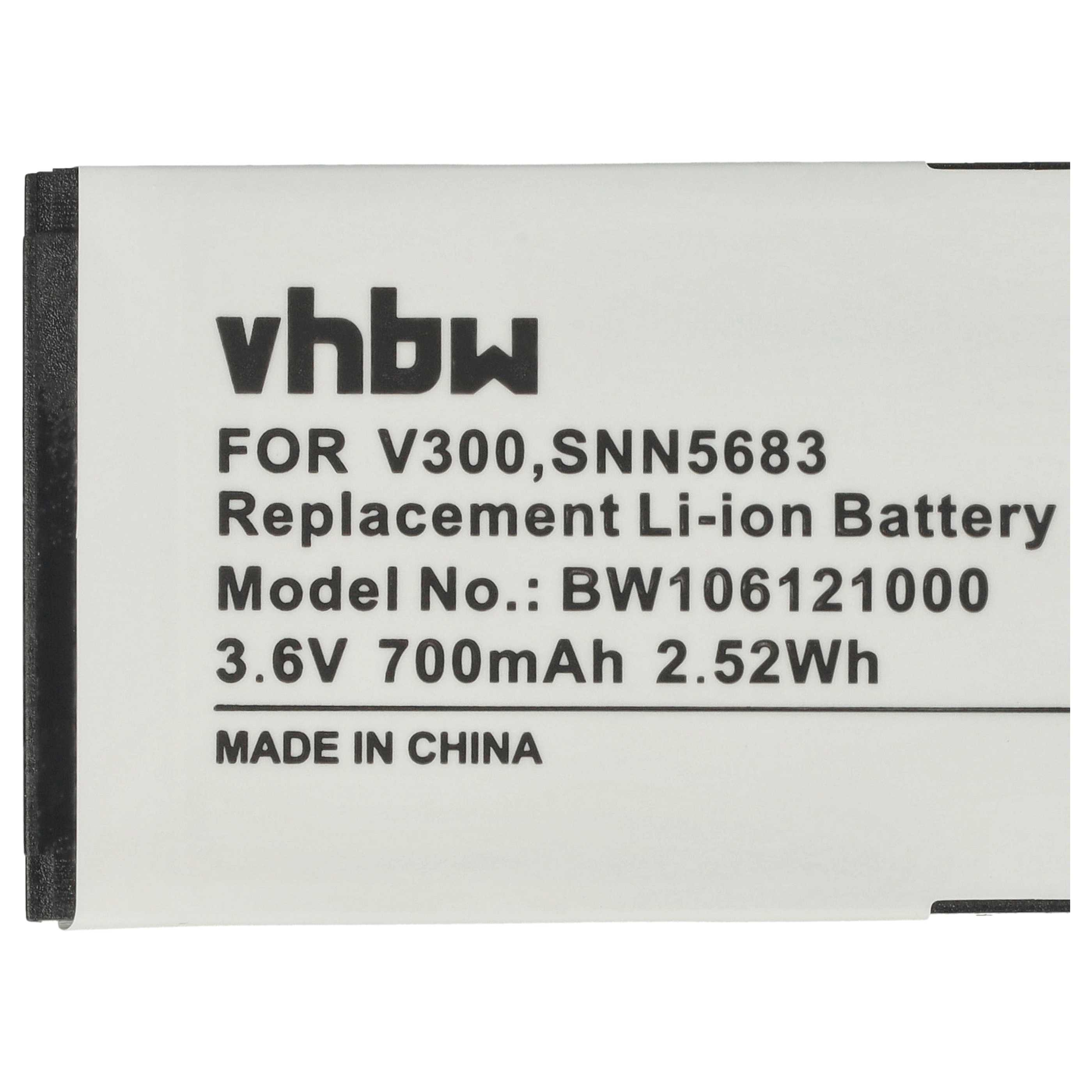 Ein weißes Rechteck mit schwarzem Text. Es lautet 'vhbw', 'Replacement Li-ion Battery', '3.6V 700mAh 2.52Wh' und 'MADE IN CHINA'.