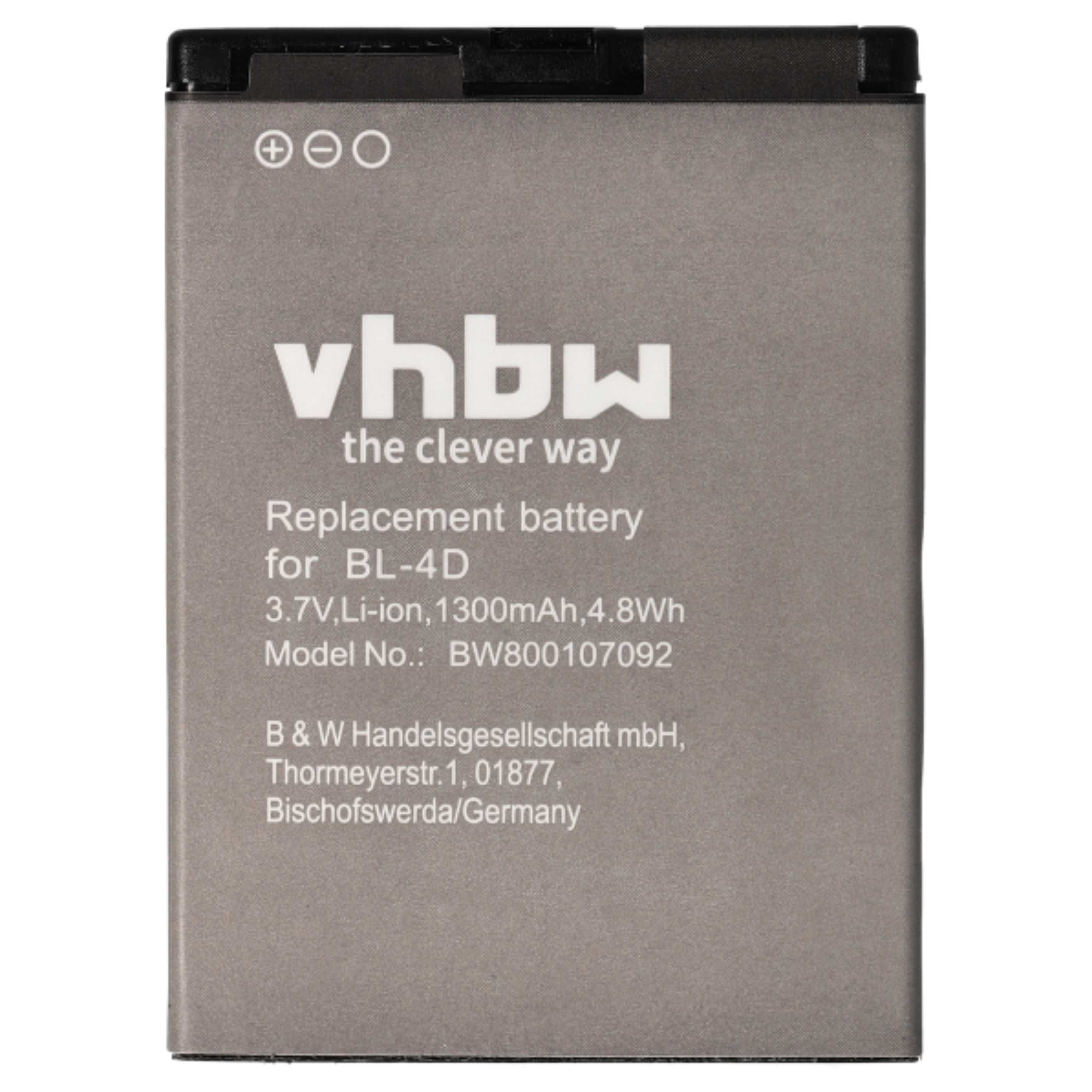 Grauer Akku mit schwarzem Deckel. Text enthält 'vhbw', 'Ersatzbatterie' und technische Daten für BL-4D.