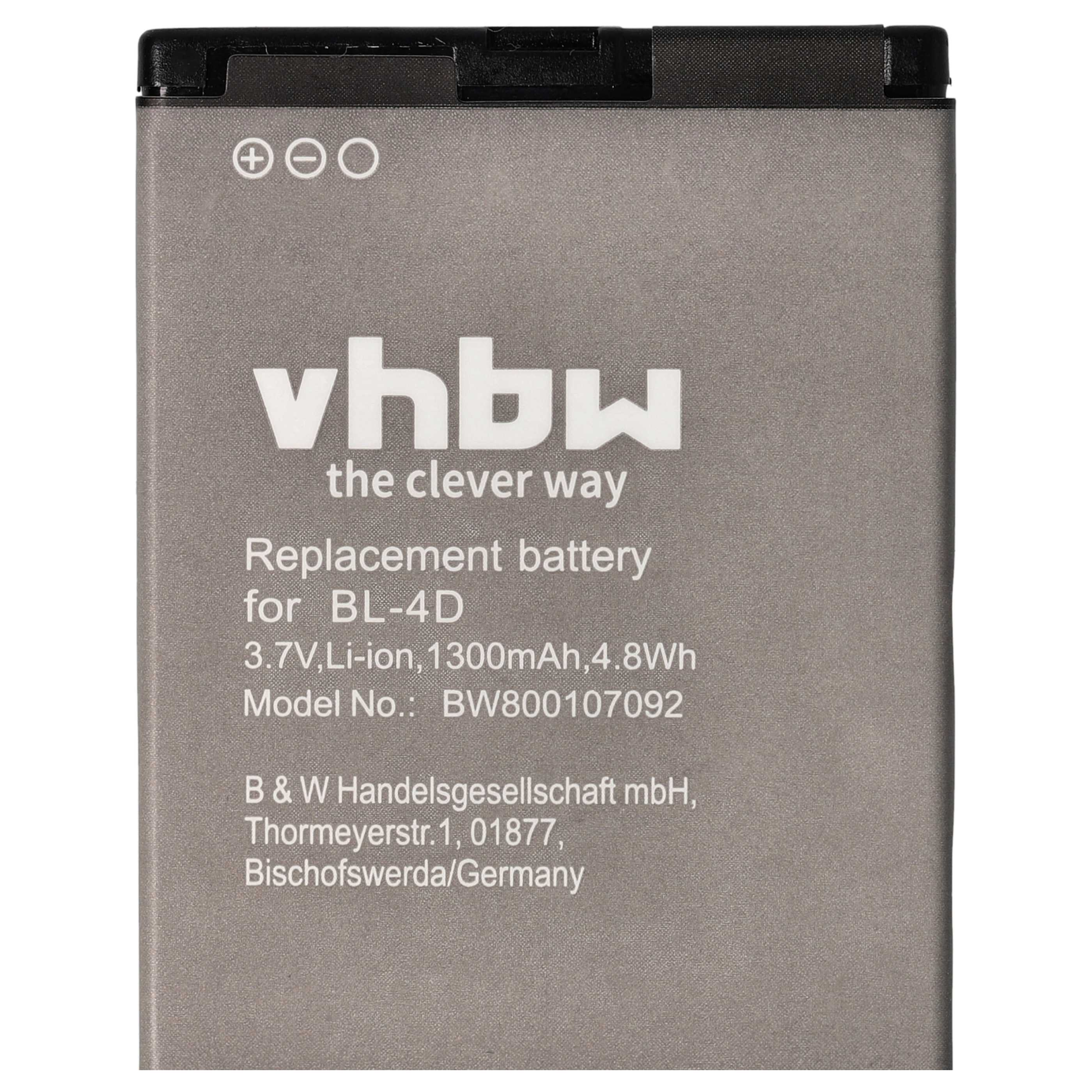 Ein grauer Akku mit schwarzem Deckel. Er hat das vhbw-Logo und Text. Er enthält auch Informationen über den Akku selbst.