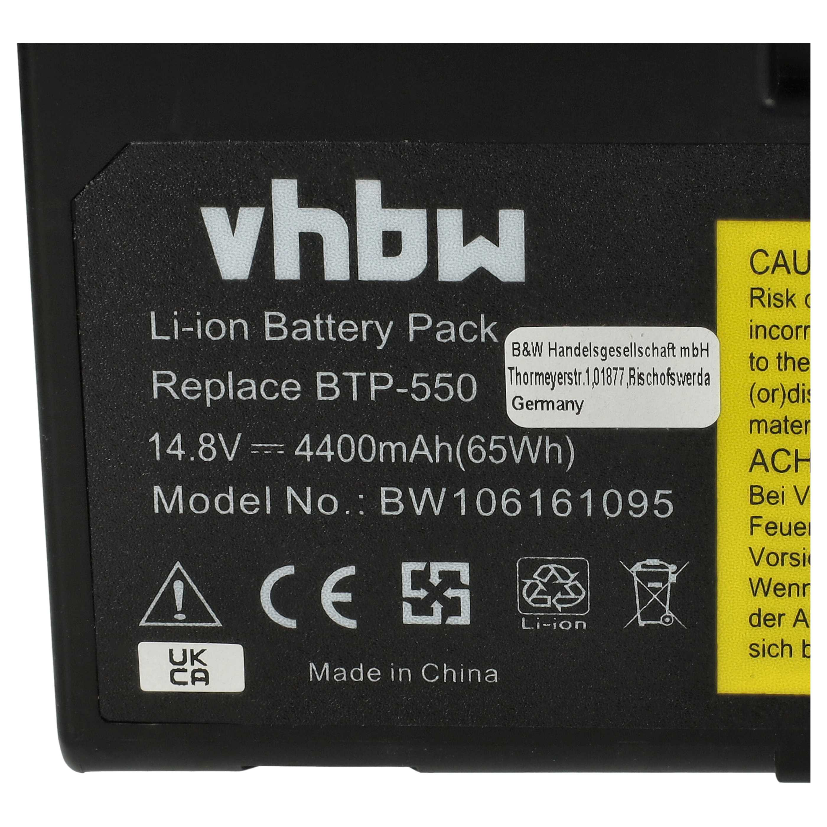 Schwarzer Akku mit weißem Text, Marke vhbw, Details: Li-Ion, 14,8 V, 4400 mAh, Modell BW106161095. Hergestellt in China.