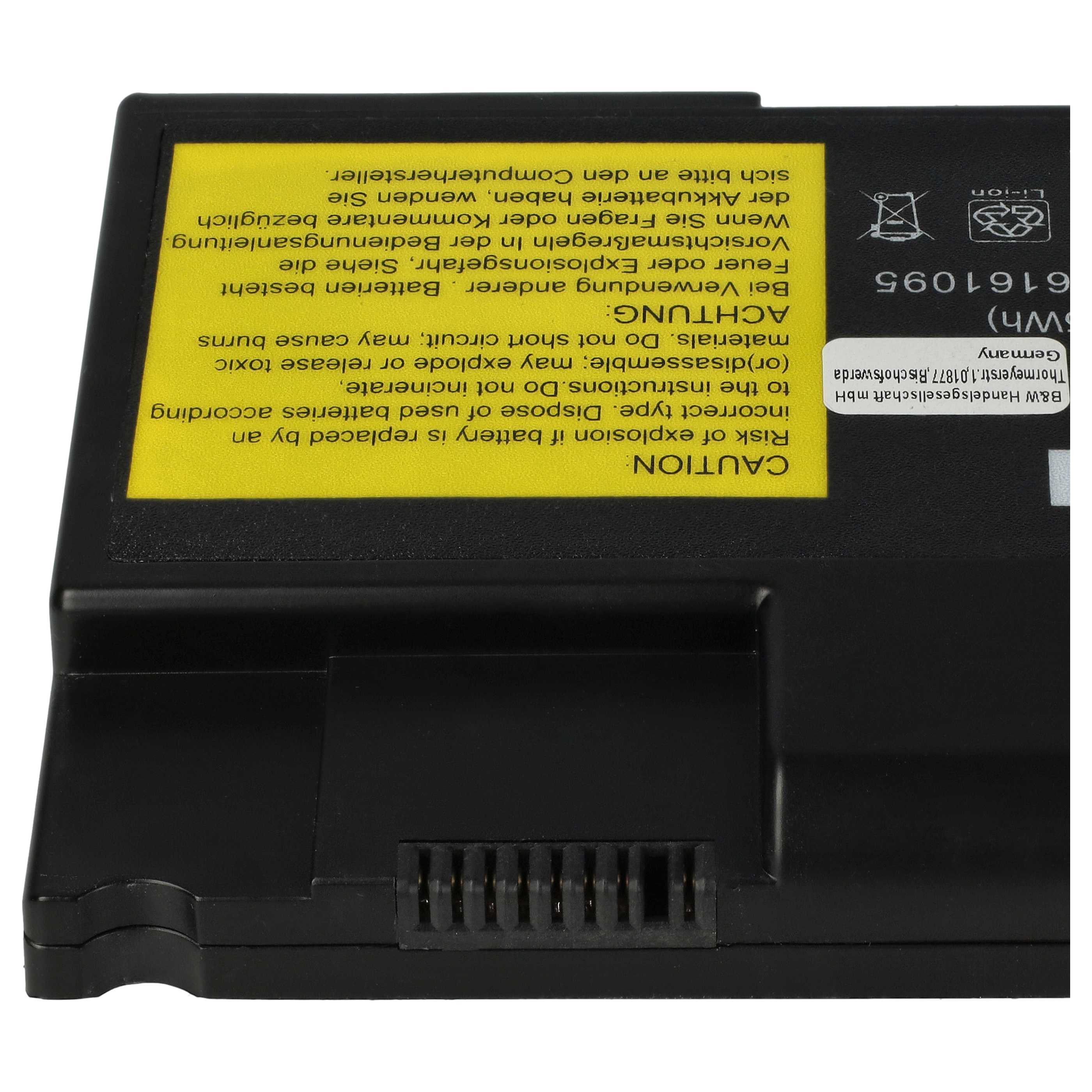 Schwarzer Laptop-Akku mit gelbem Warnhinweis. Text und Symbole auf dem Etikett. Der Akku hat einen silbernen Aufkleber.