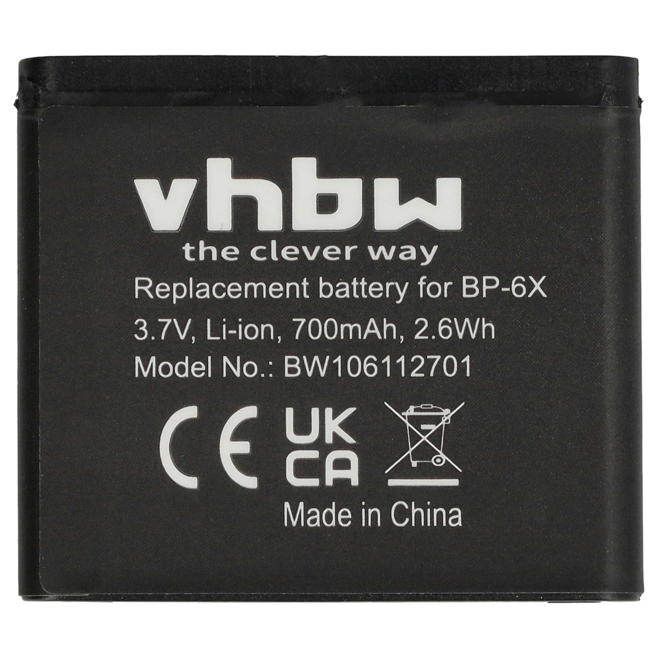 Batteria nera con testo bianco: logo 'vhbw', 'Batteria di ricambio', specifiche e 'Made in China'.