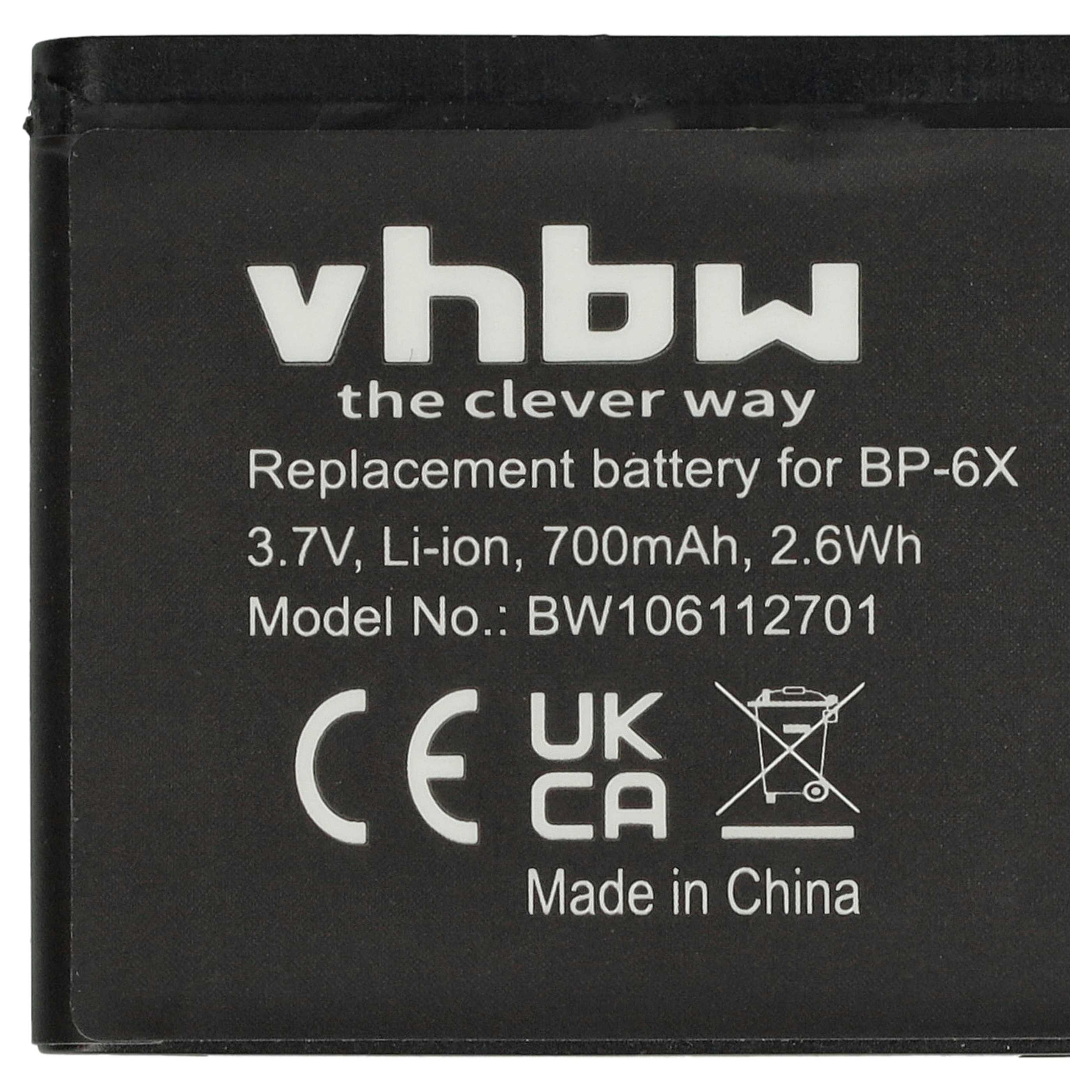 Batteria nera con testo bianco: 'vhbw', specifiche e simbolo di riciclaggio. C'è scritto 'Made in China'.