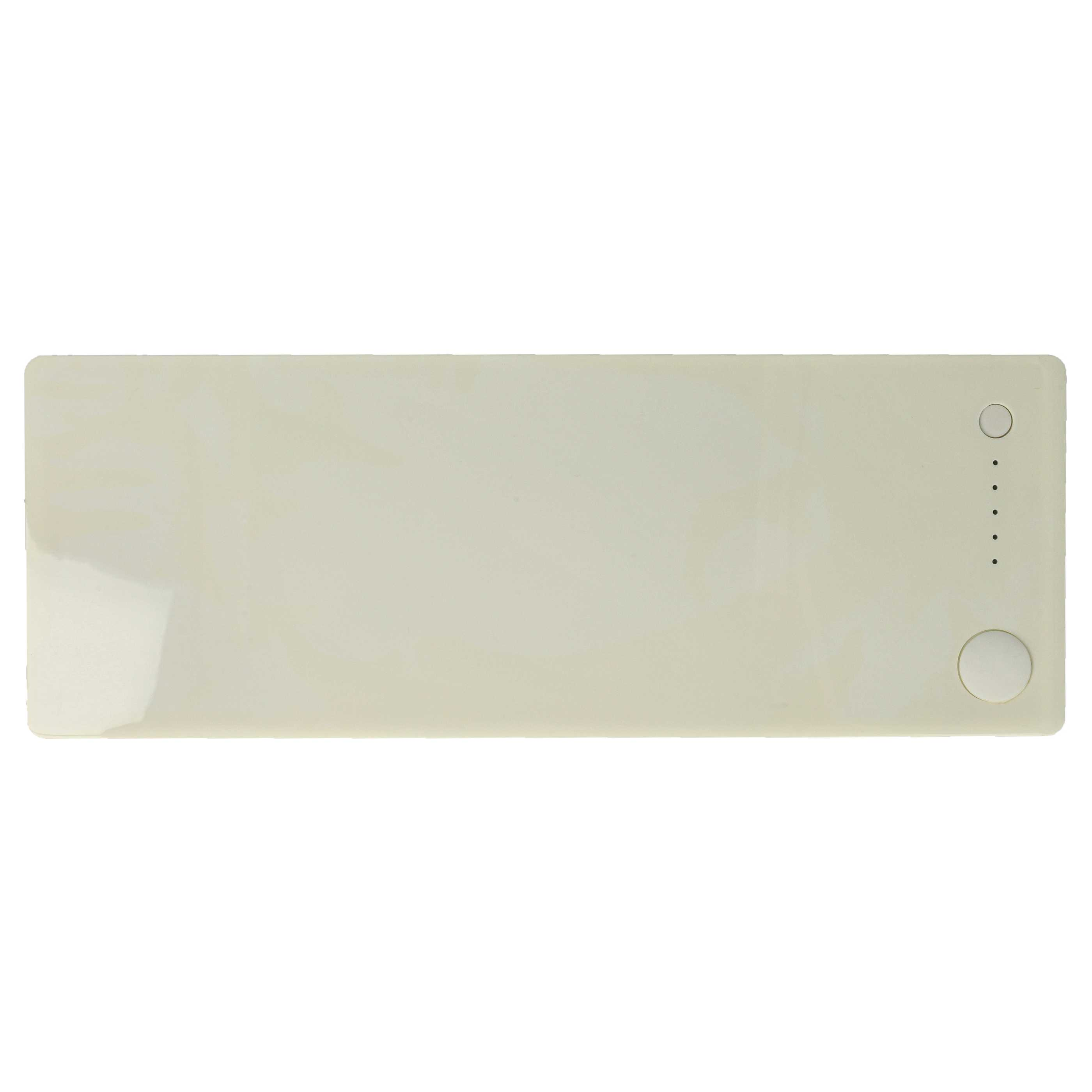Eine cremefarbene, rechteckige Powerbank mit abgerundeten Ecken. Sie hat eine Ein-/Aus-Taste und Statusanzeigeleuchten.