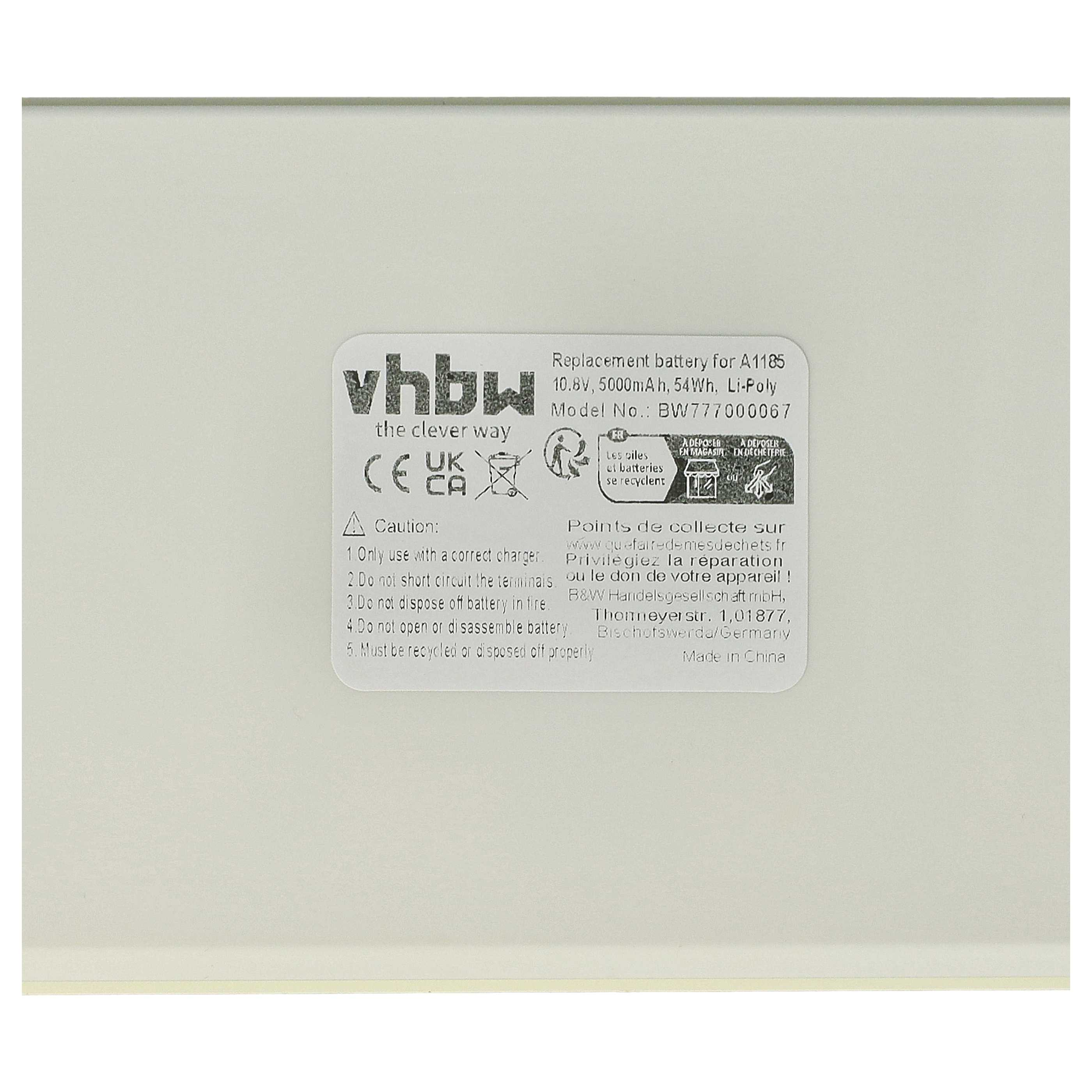 Ein weißes Produktetikett mit Text, einschließlich der Marke 'vhbw', einer Batteriebeschreibung und Recycling-Symbolen.