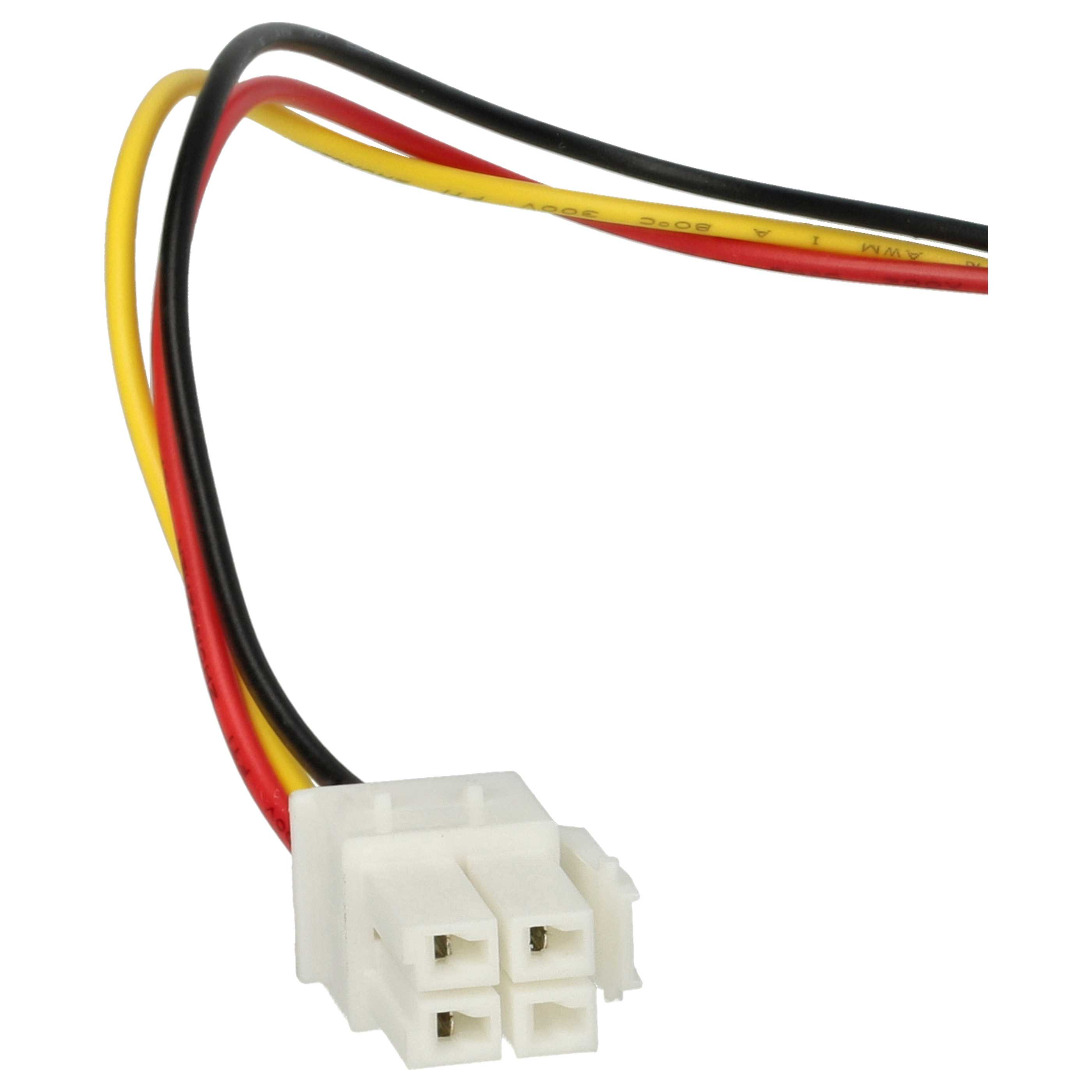 Ein weißer Stecker mit vier Löchern ist mit drei farbigen Drähten verbunden: schwarz, rot und gelb. Der Hintergrund ist weiß.