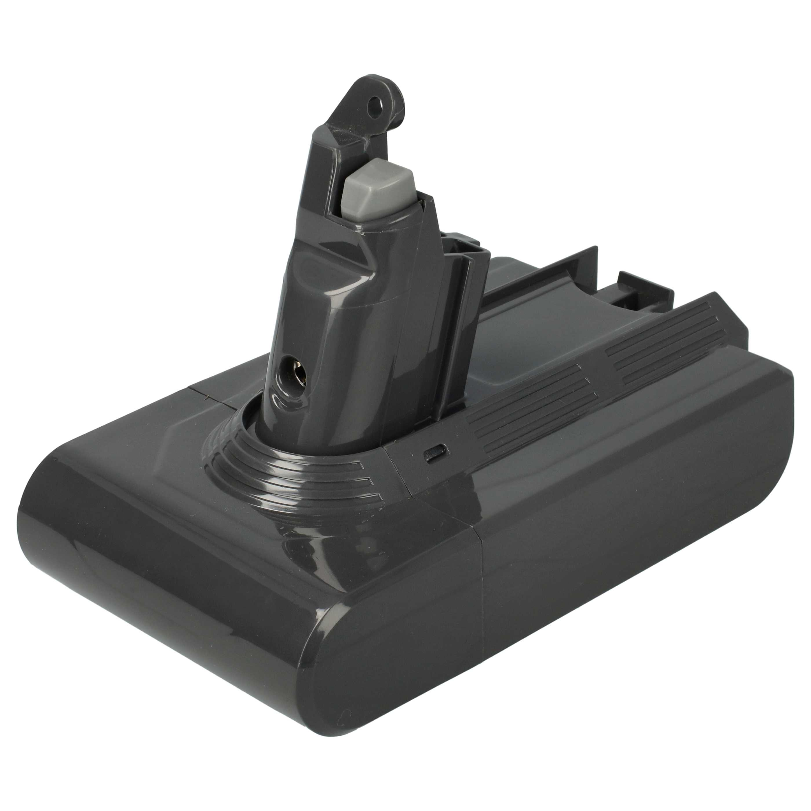 Ein graues Staubsauger-Akkupack. Es hat einen Griff mit Knopf und einen rechteckigen Körper.