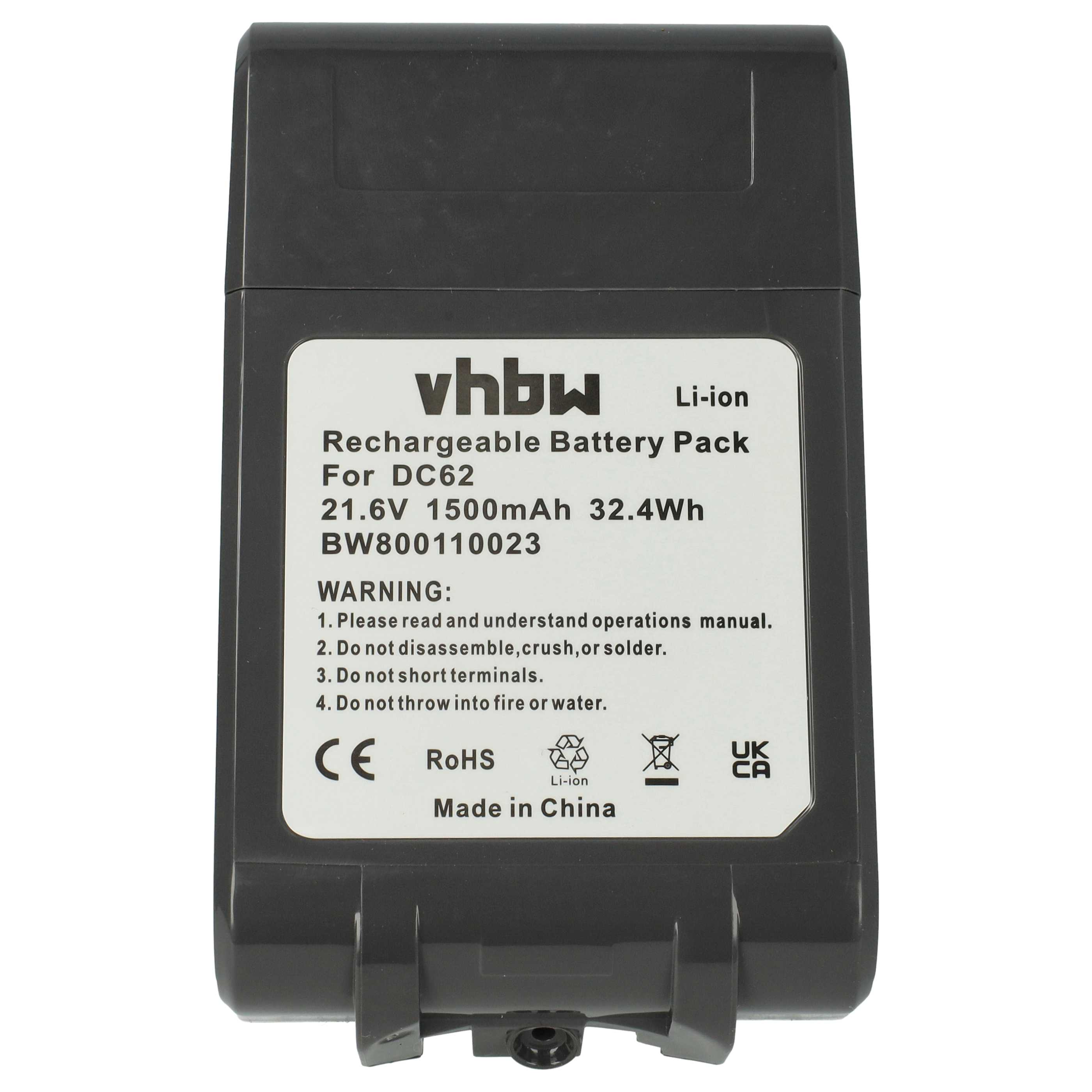 Ein schwarzes vhbw Akku, mit weißem Text. Enthält Warnungen, CE, RoHS, Li-Ionen-Symbole und Made in China.