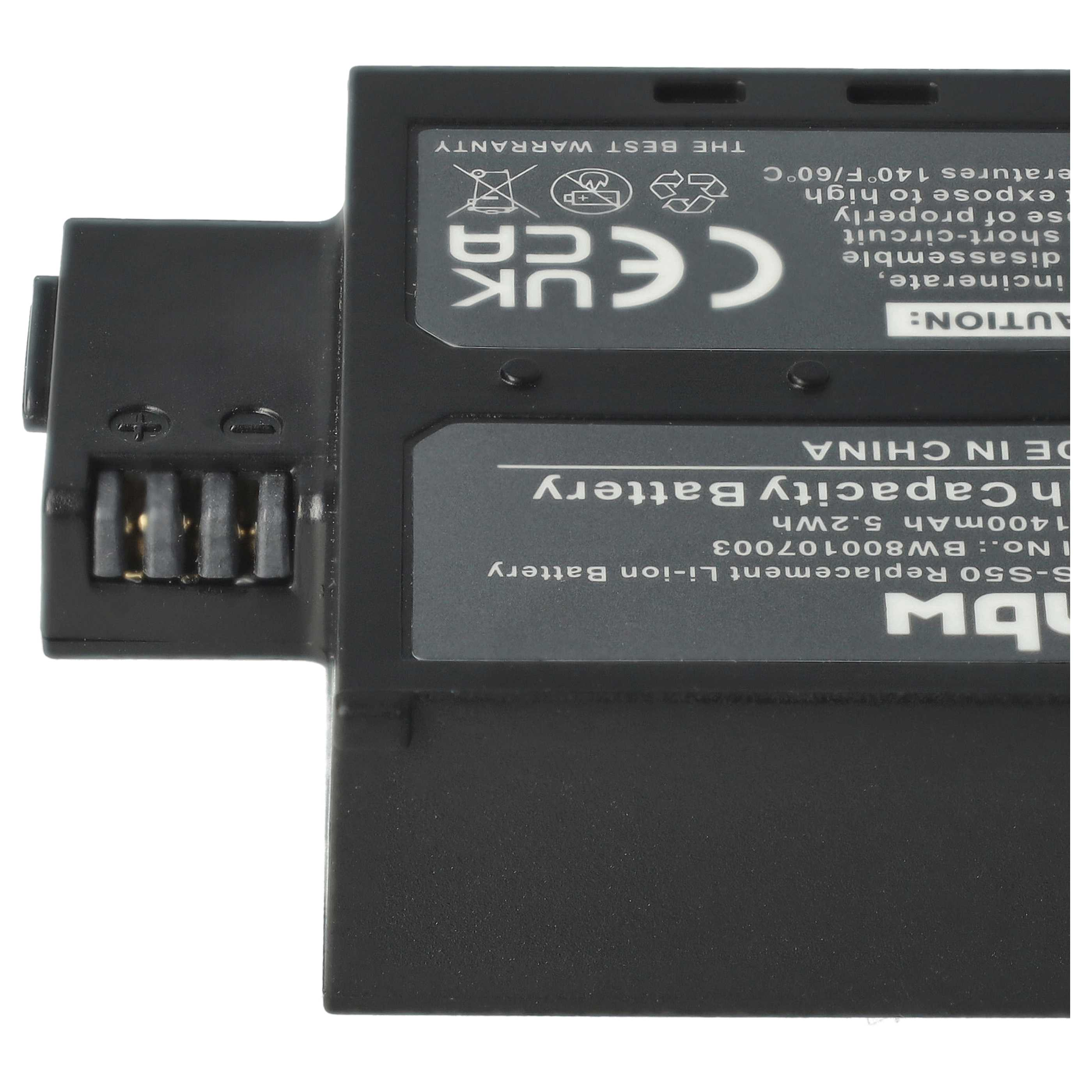 Ein schwarzes Batteriepack mit Warnhinweisen und Text. Es lautet 'S-S50 Ersatz-Li-Ionen-Batterie'.