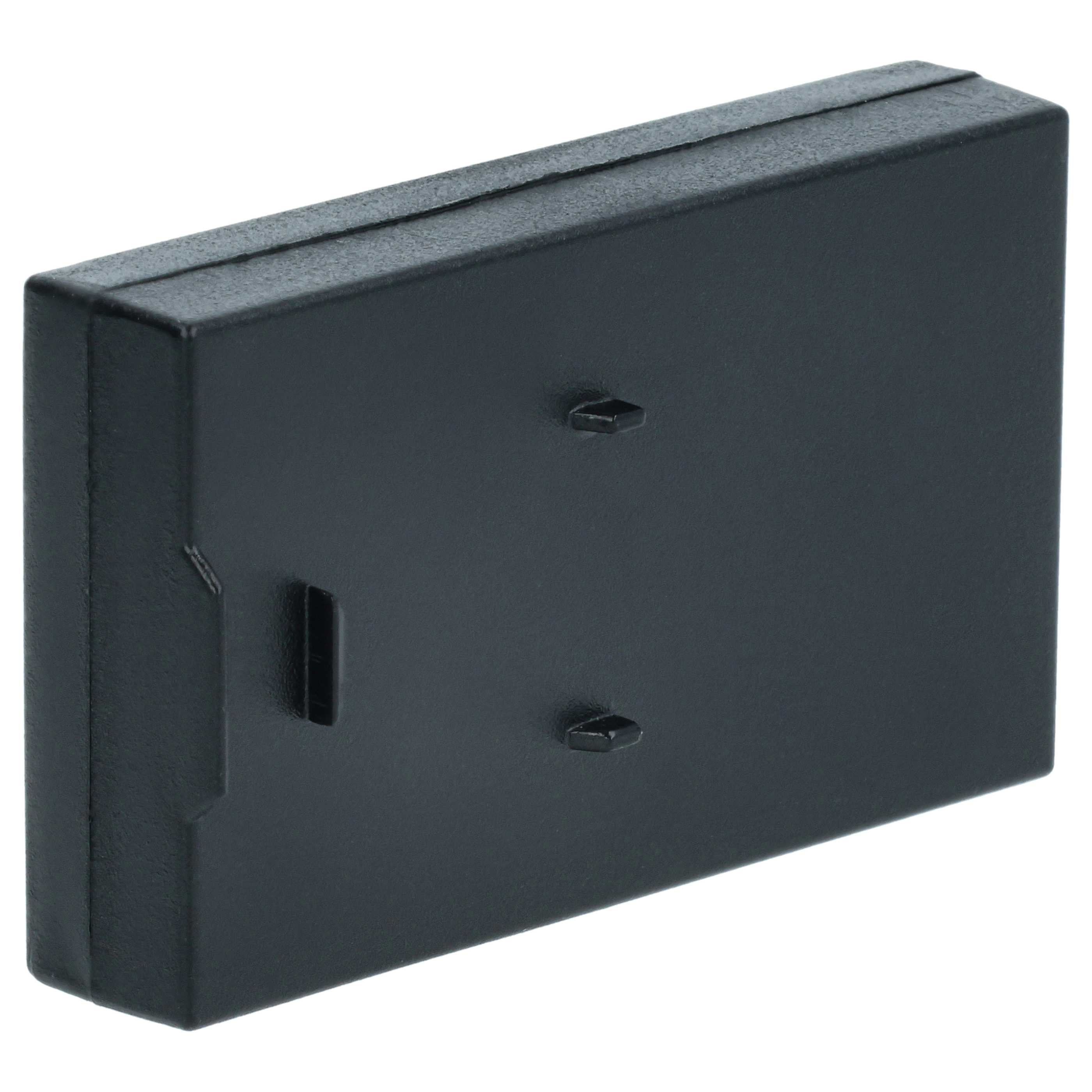 Eine rechteckige, dunkelgraue Plastikbox mit zwei kleinen Vorsprüngen und einem rechteckigen Schlitz an der Seite, isoliert auf Weiß.