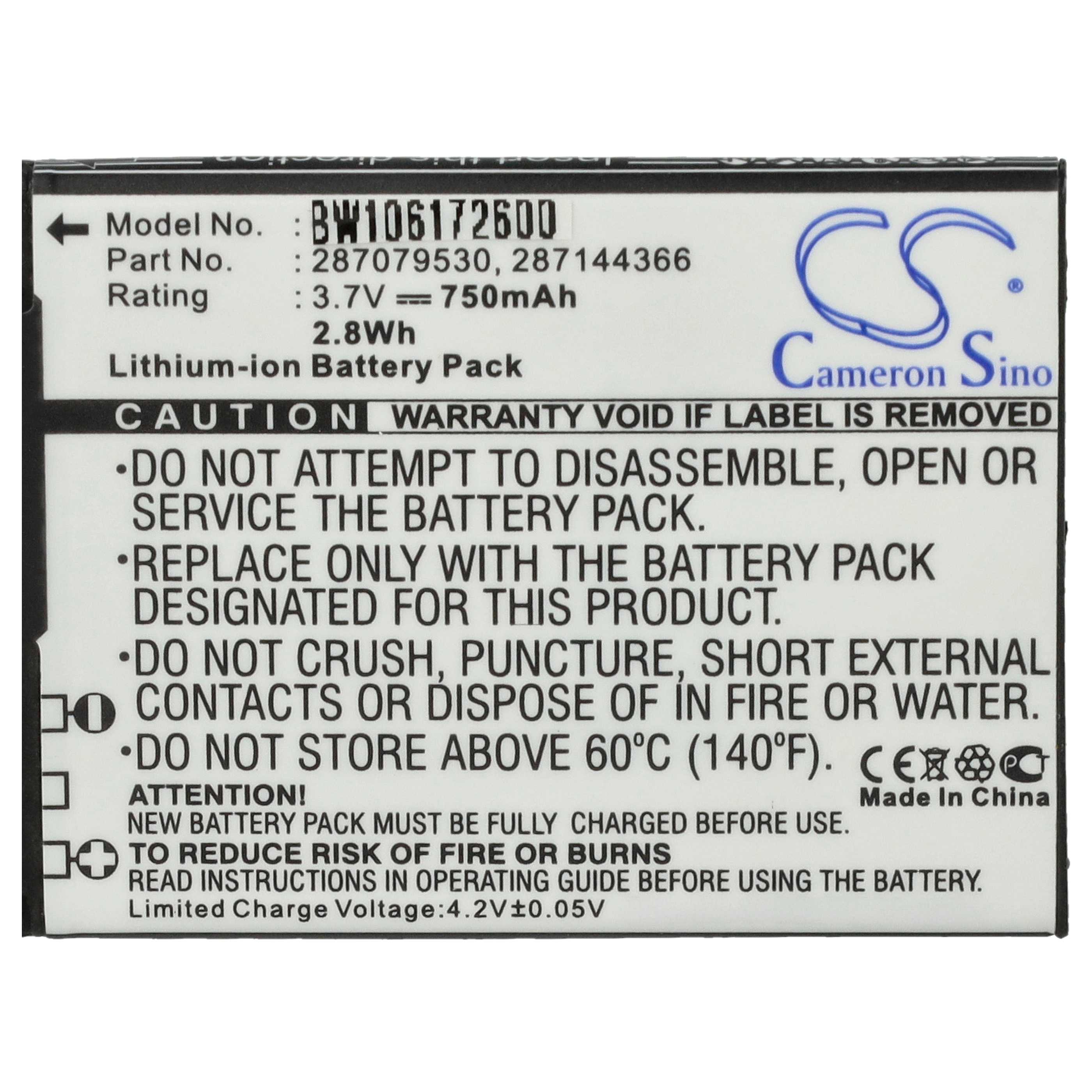 Ein weißes Etikett mit schwarzem Text beschreibt eine Batterie: Modell, Teil, Bewertung, Vorsichtshinweise und das Cameron Sino Logo.